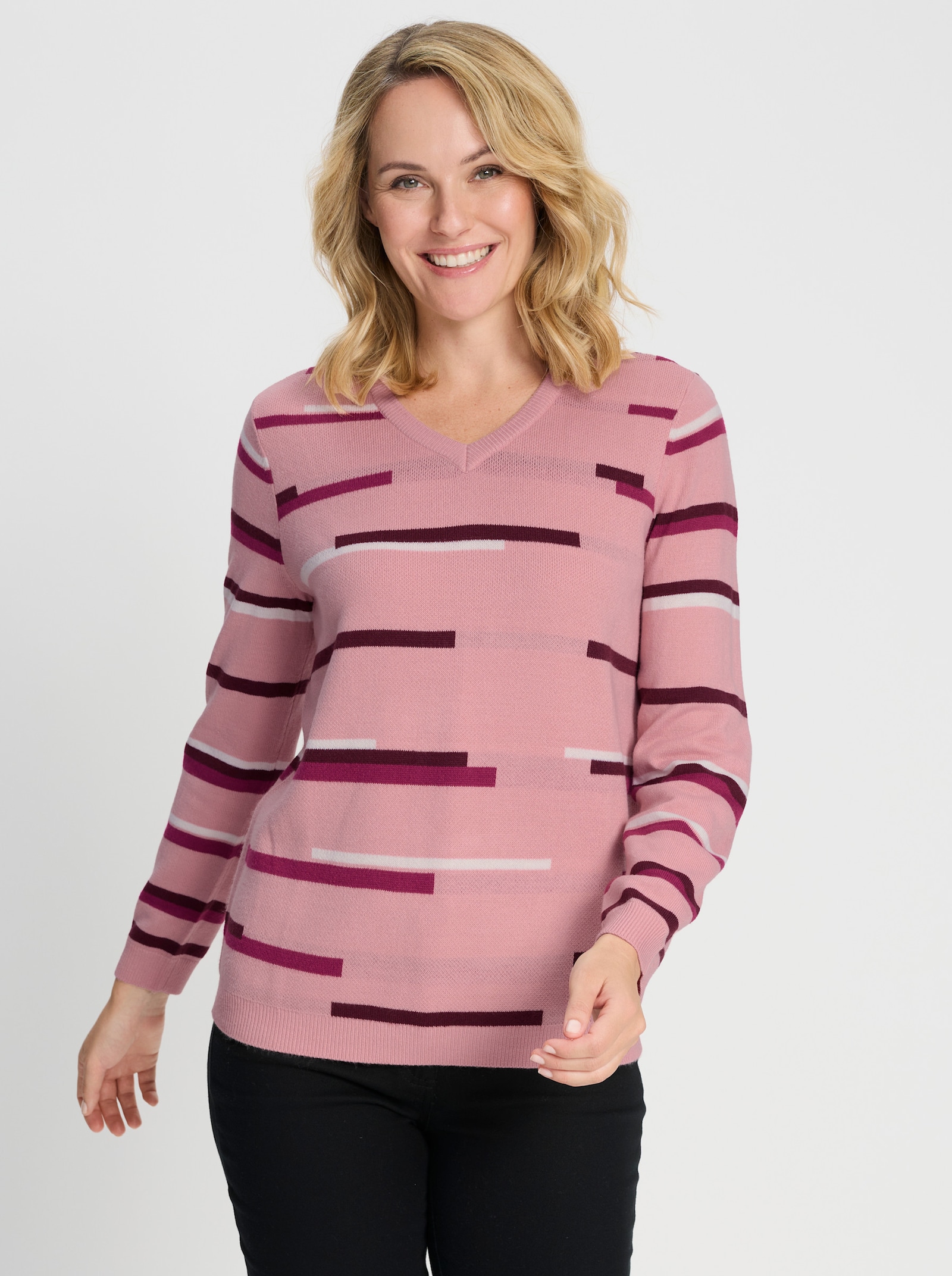 Langarm-Pullover in Jacquard-Streifenmuster - hortensie-malve-gemustert