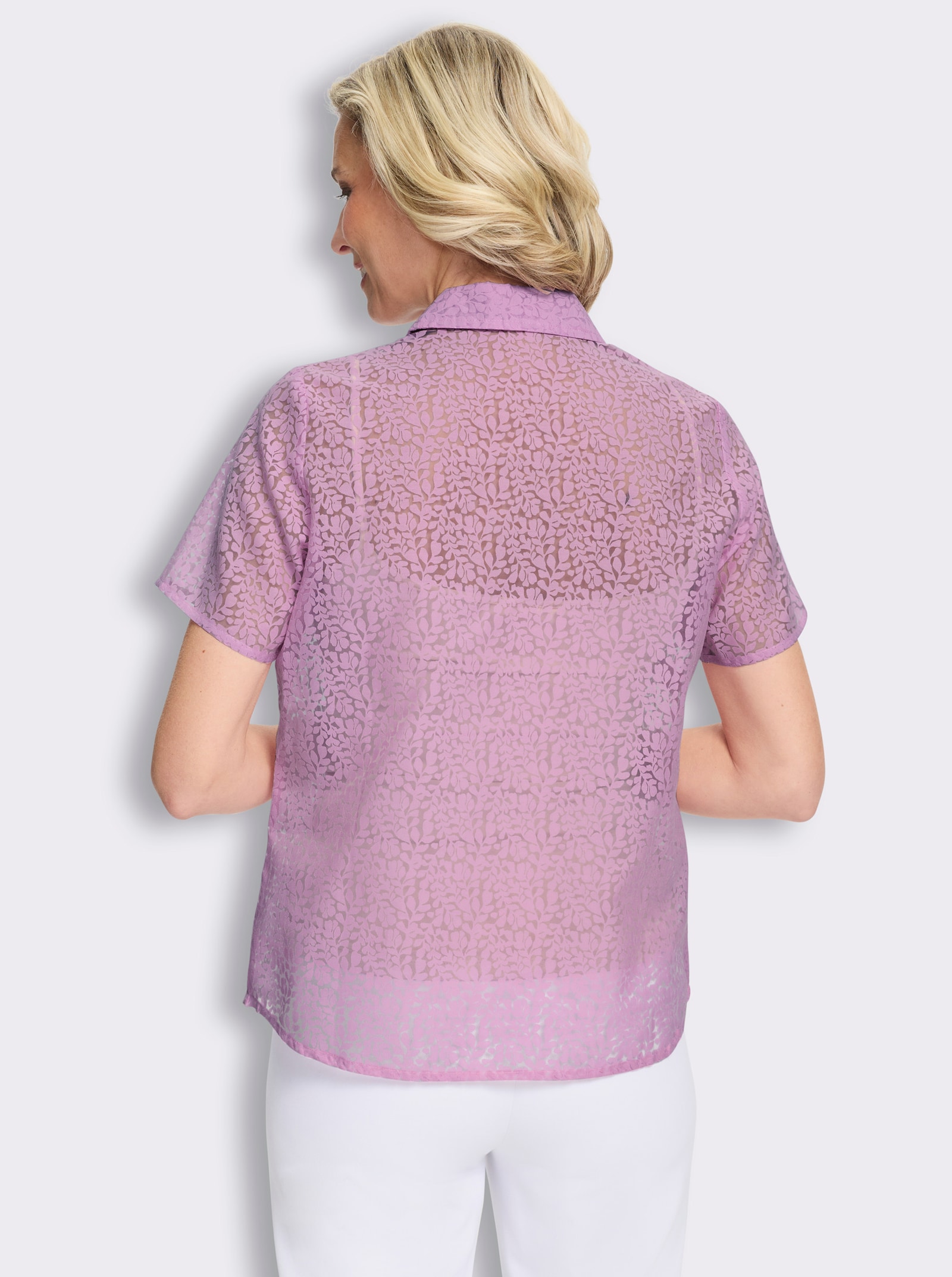 Blouse met korte mouwen met etskantpatroon - orchidee