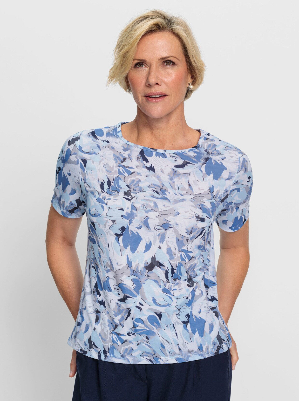 Shirt met ronde hals - middenblauw/wit gedessineerd