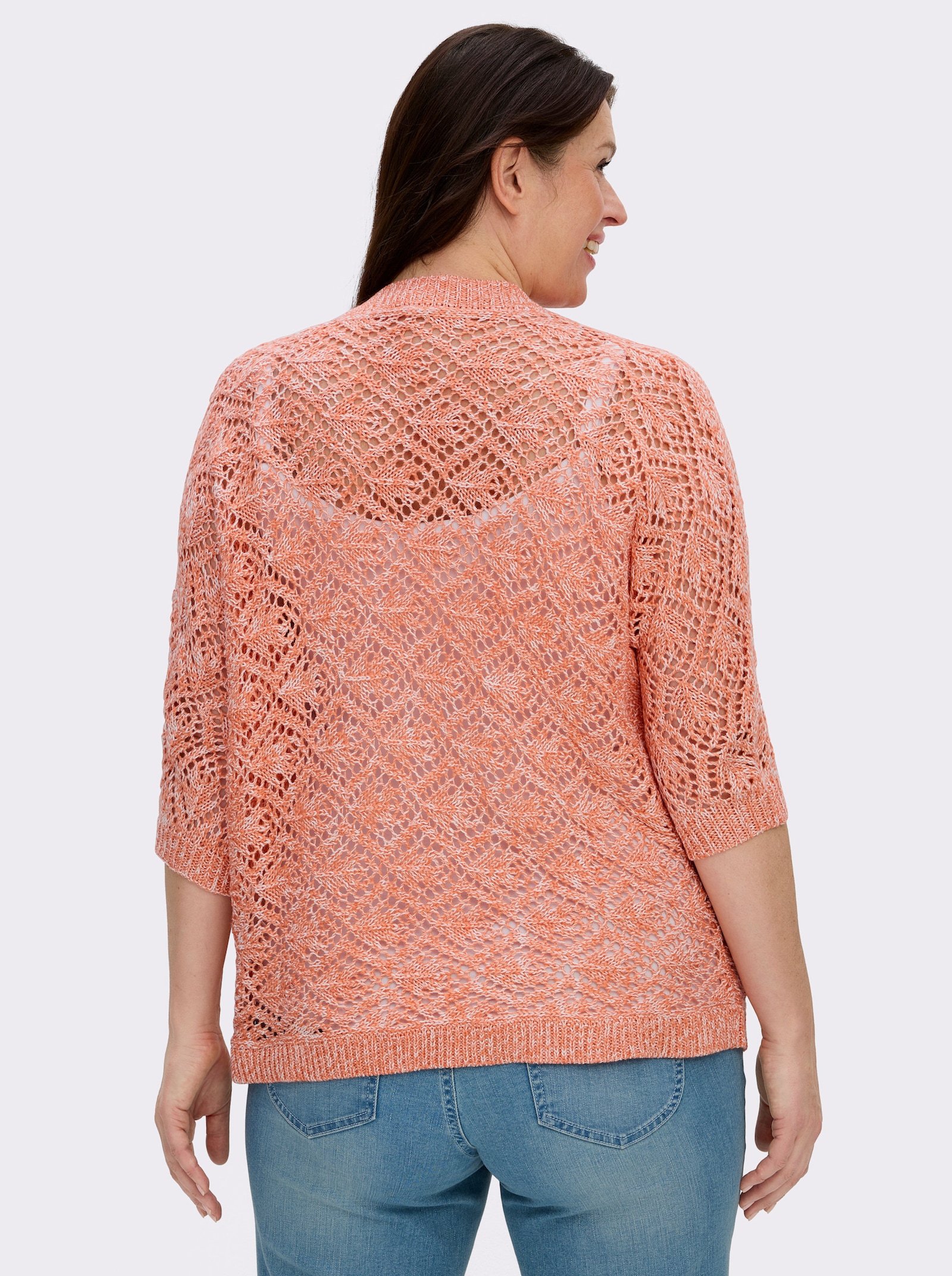 Ajourstrickjacke mit Fledermaus-Ärmeln - papaya-ecru-meliert