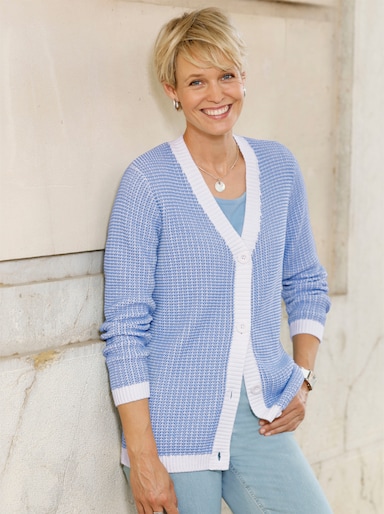Strickjacke - himmelblau-ecru-gemustert
