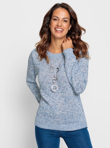 Langarm-Pullover mit Melange-Garn - ecru-jeansblau-meliert