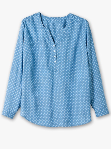 Schlupf-Bluse - mittelblau-weiß-bedruckt