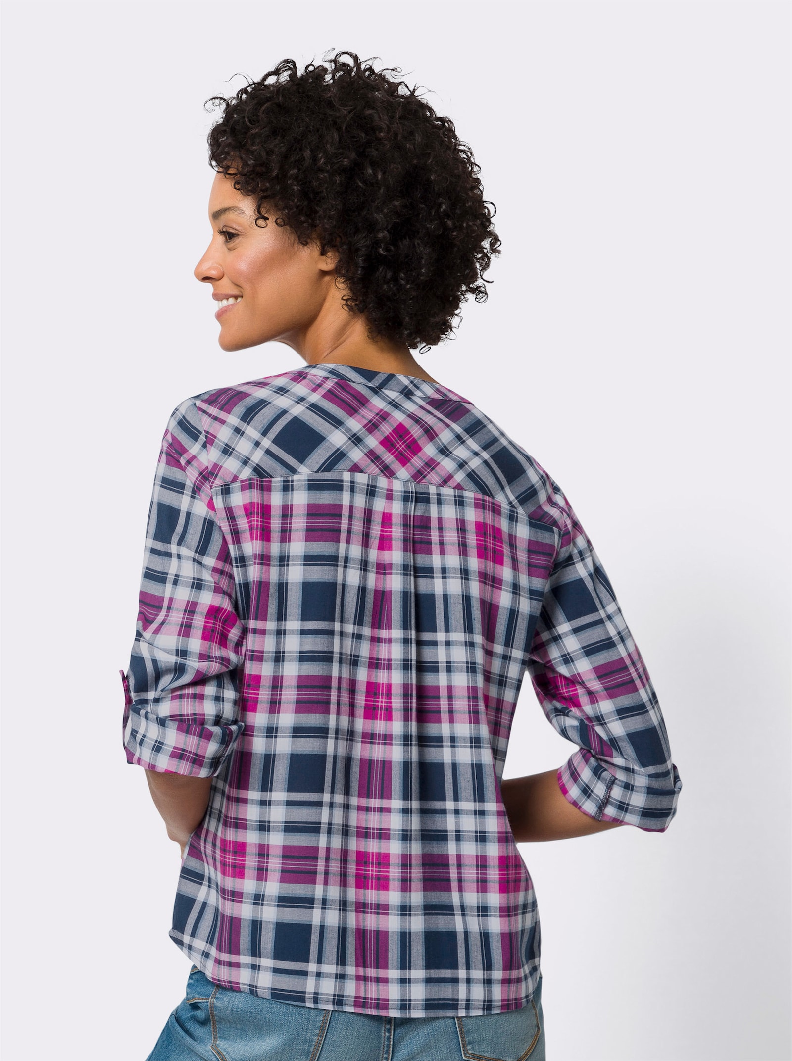 Navlékací halenka s kostkovaným vzorem z barvené příze - fuchsiová-bílá-kostka