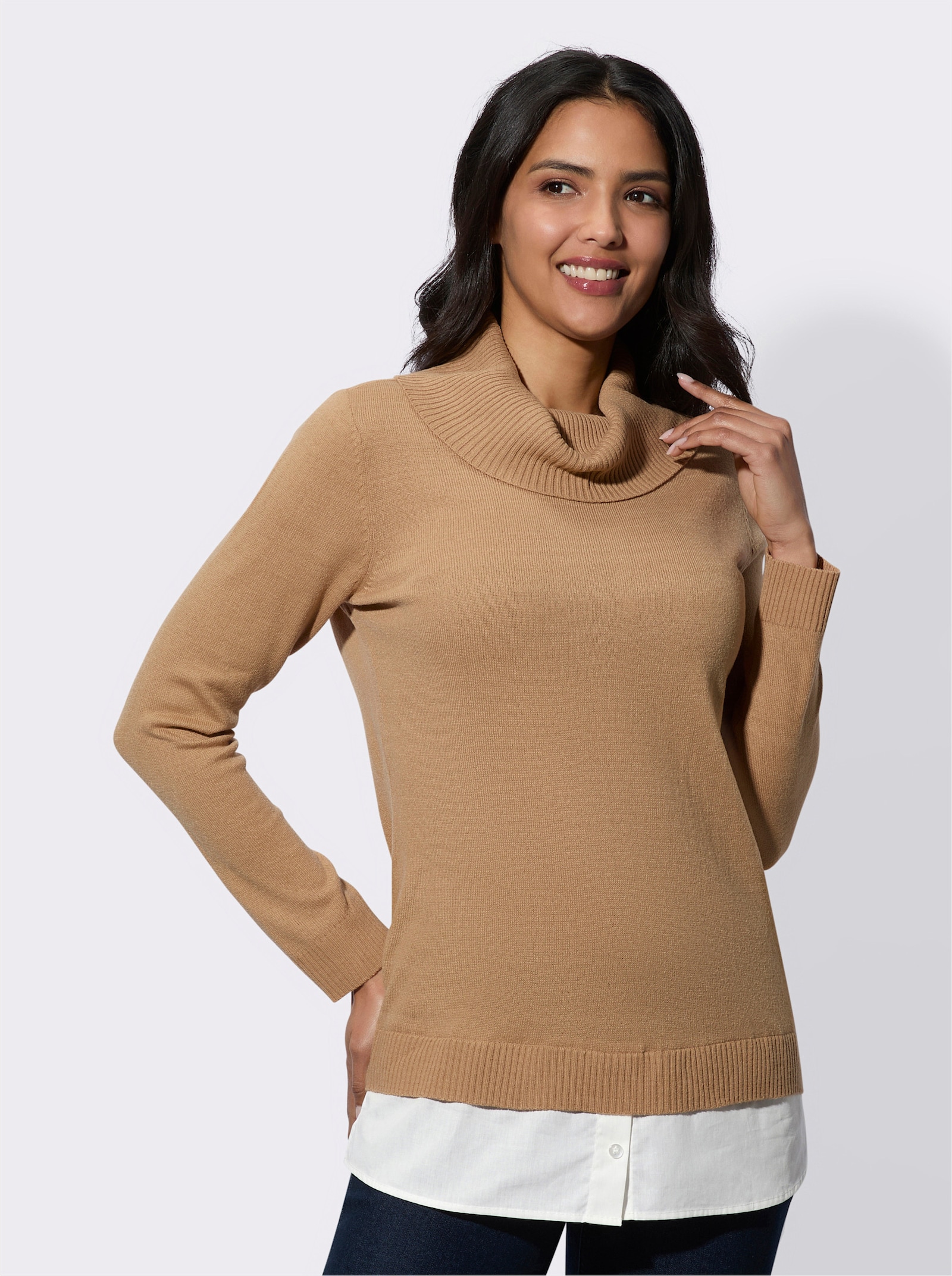 2-in-1-Pullover mit halsfernem Rollkragen - camel-weiß