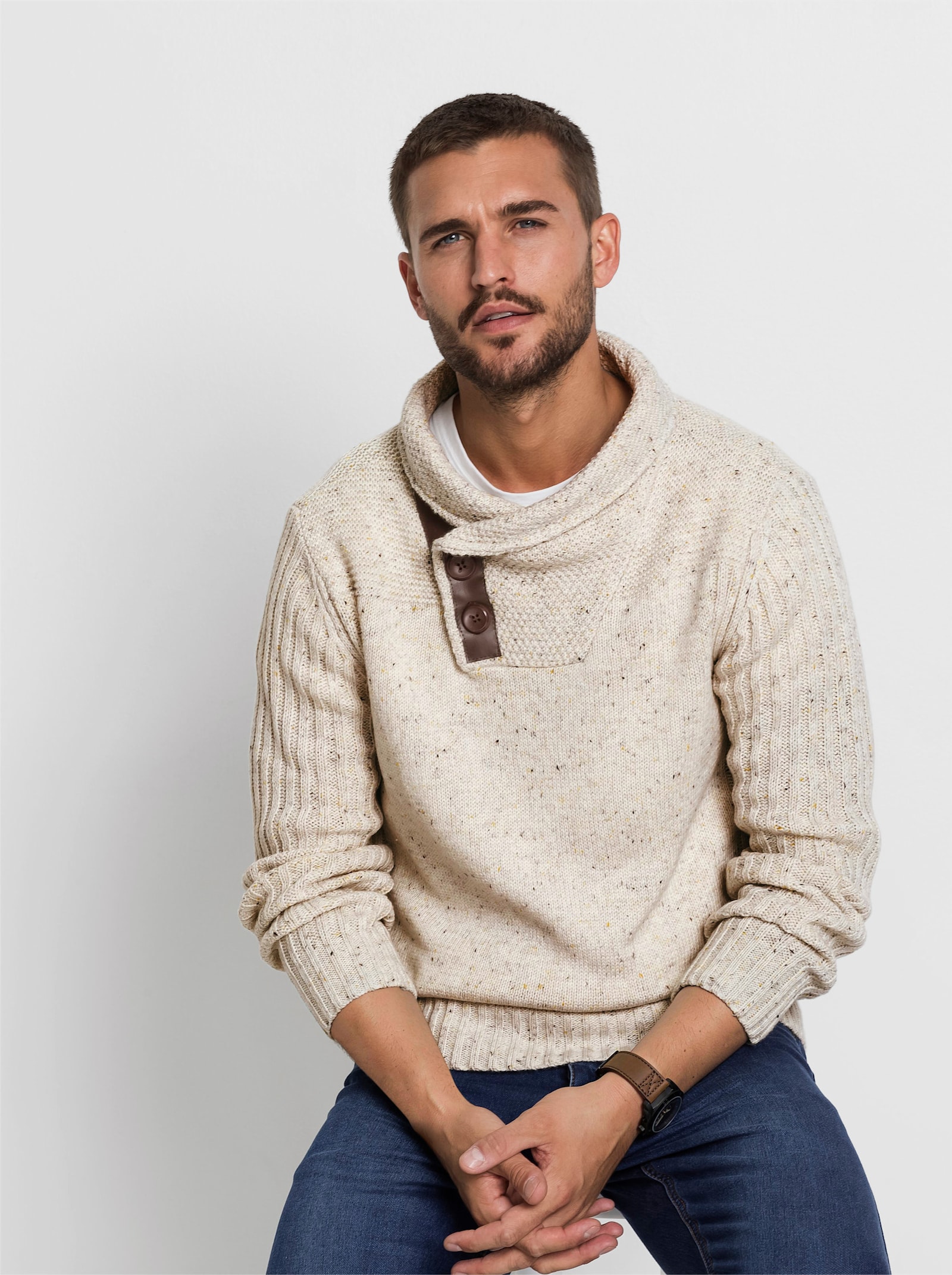 Marco Donati Schalkragenpullover mit Leder-Imitat-Besatz - ecru-gemustert