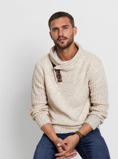 Marco Donati Schalkragenpullover mit Leder-Imitat-Besatz - ecru-gemustert