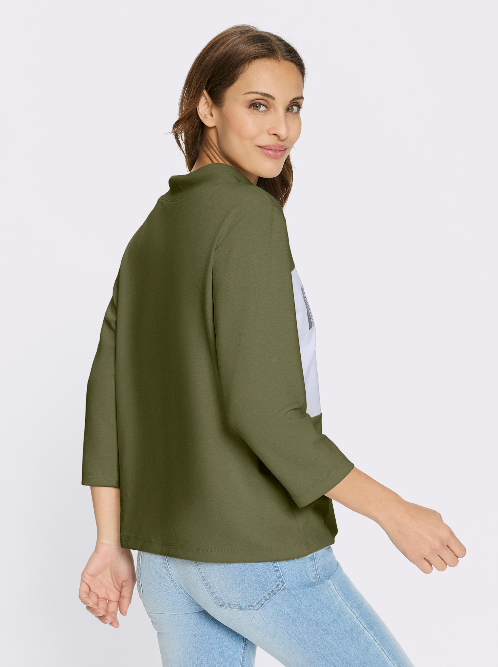 Sweatshirt mit Folienprint-Schriftzug - oliv-weiß-geringelt