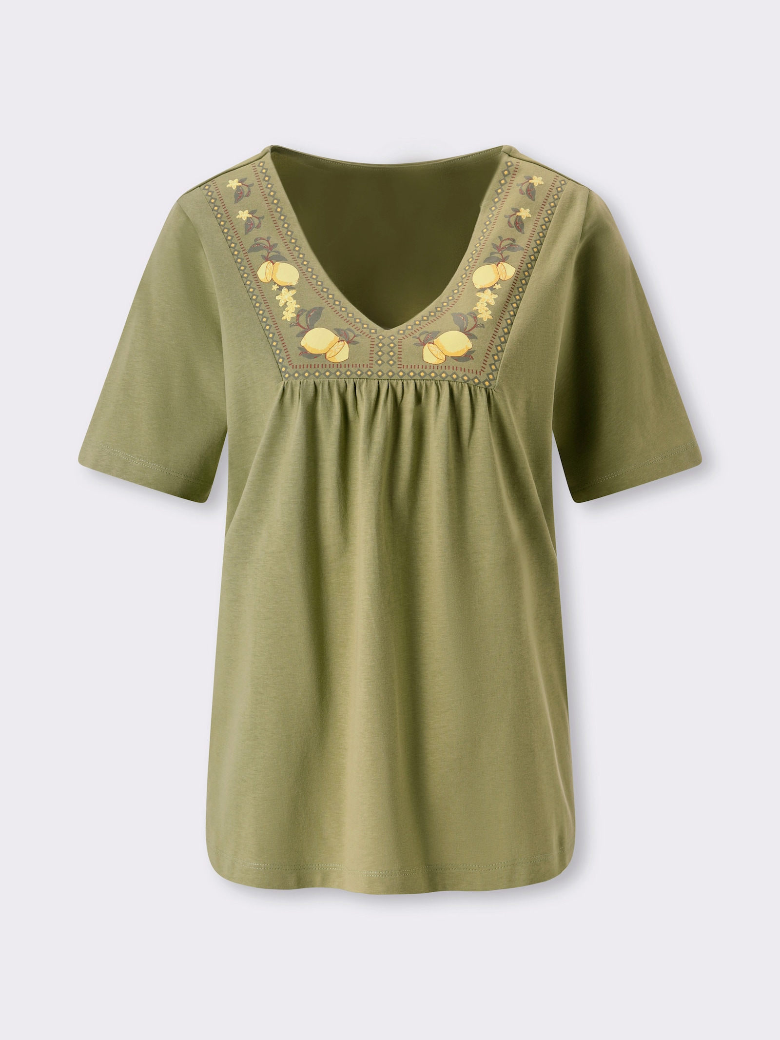 Kurzarmshirt mit Zitronen-Print am Ausschnitt - schilf-gelb