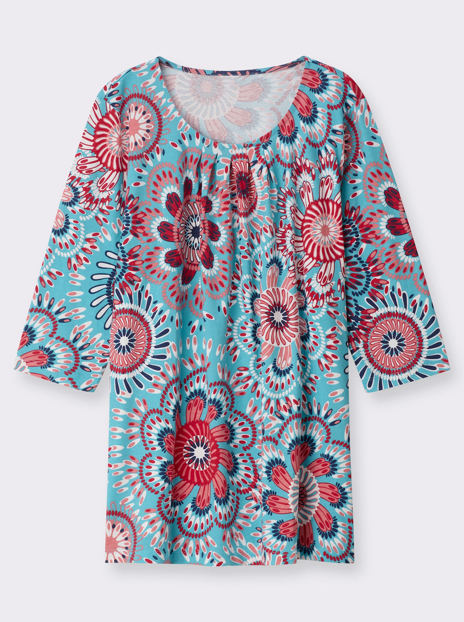 Longshirt in leichter A-Linie - türkis-flamingo-bedruckt