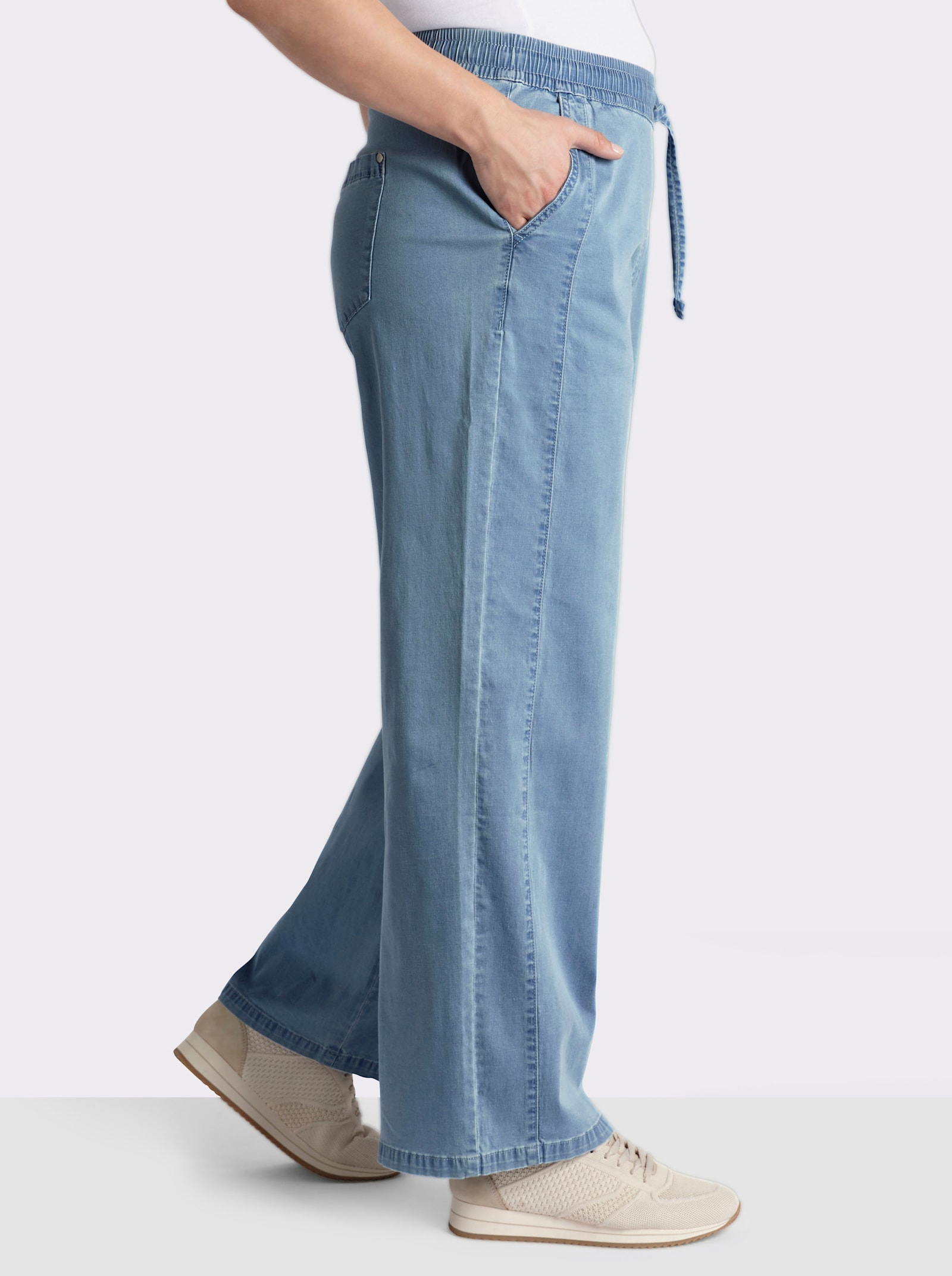 sheego Broek met wijde pijpen en bindceintuur - blue-bleached