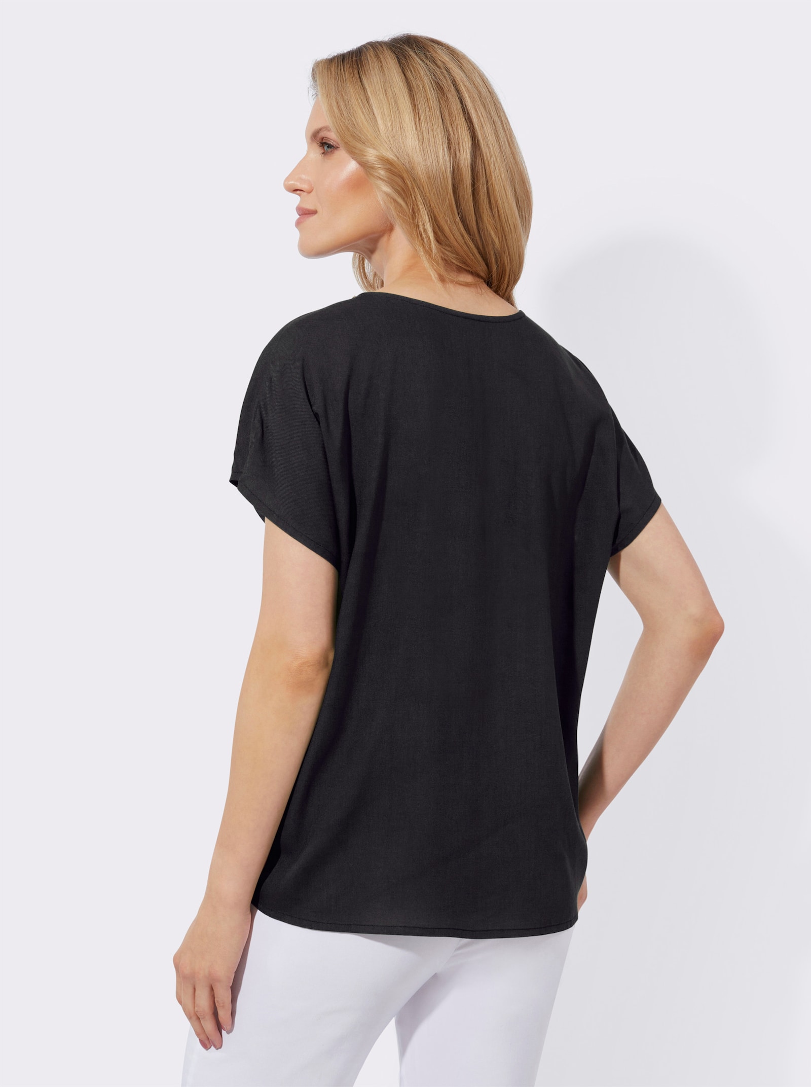 Longbluse mit Zierkette am Ausschnitt - schwarz