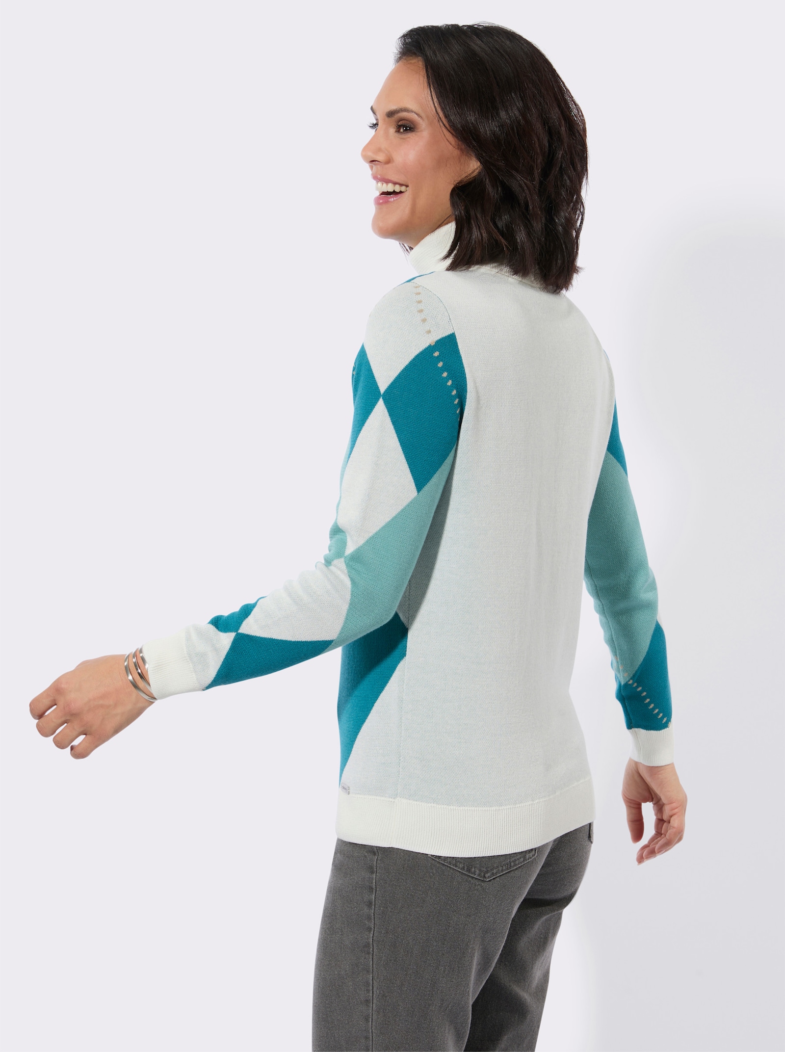 Rollkragenpullover mit Jacquard-Muster - aquapetrol-ecru
