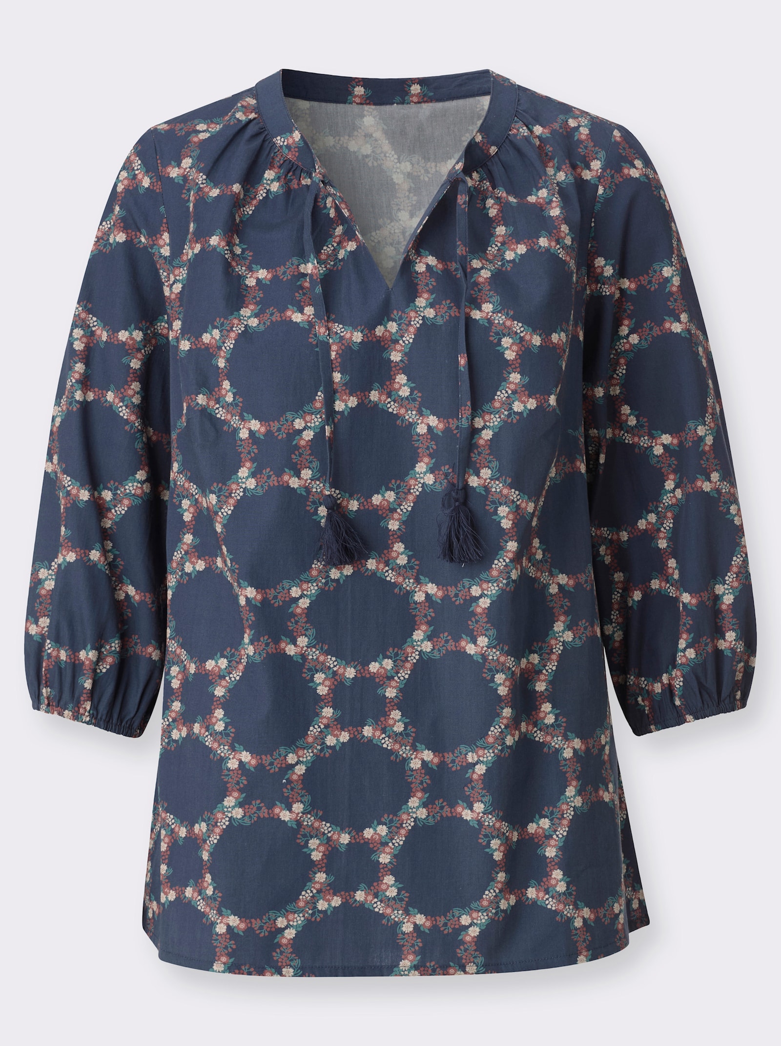 Baumwollbluse mit Gummizug an den 3/4-Ärmeln - rauchblau-rosenholz-bedruckt