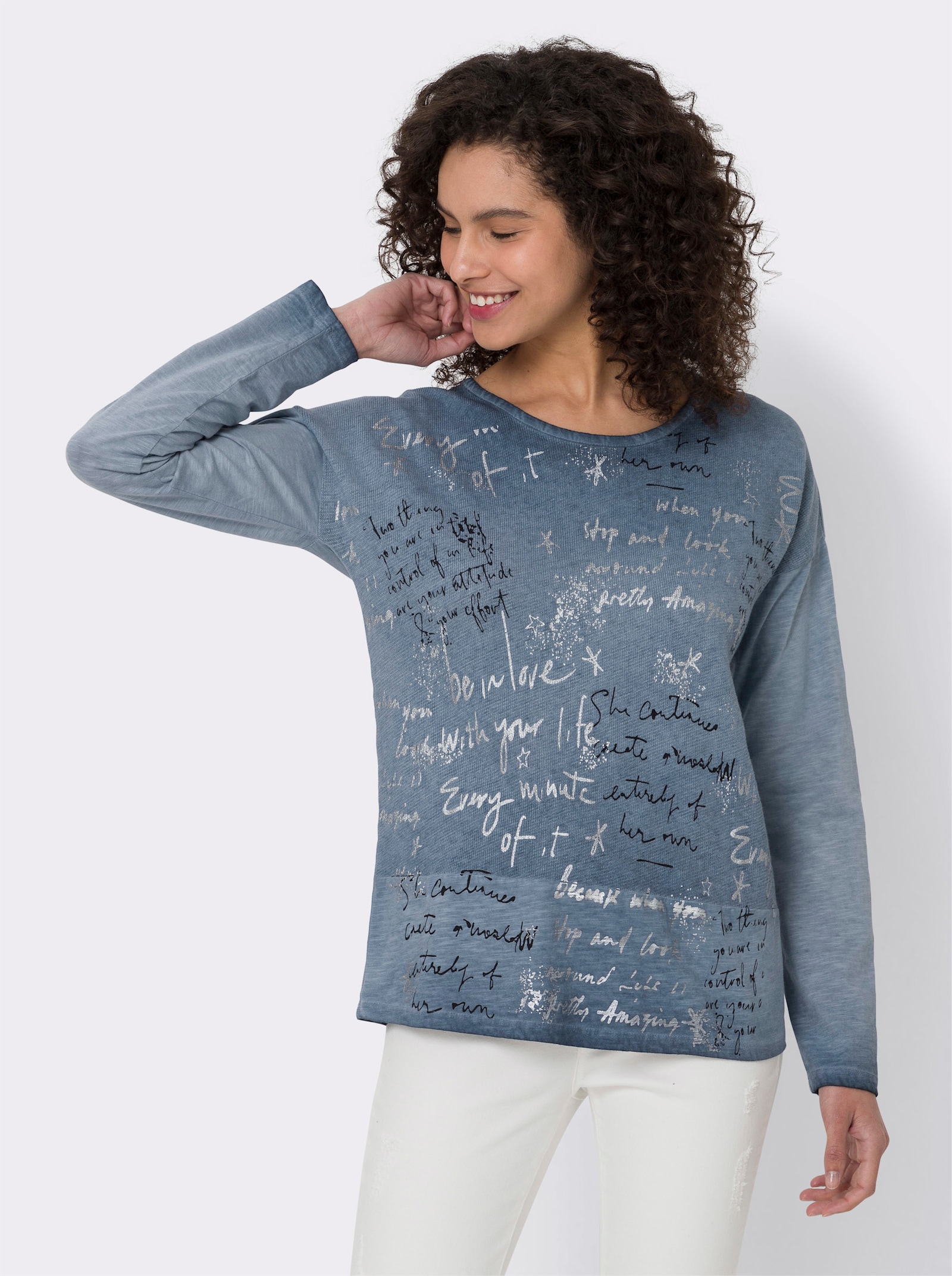 heine Langarmshirt mit Oil-dyed-Effekt - rauchblau-bedruckt