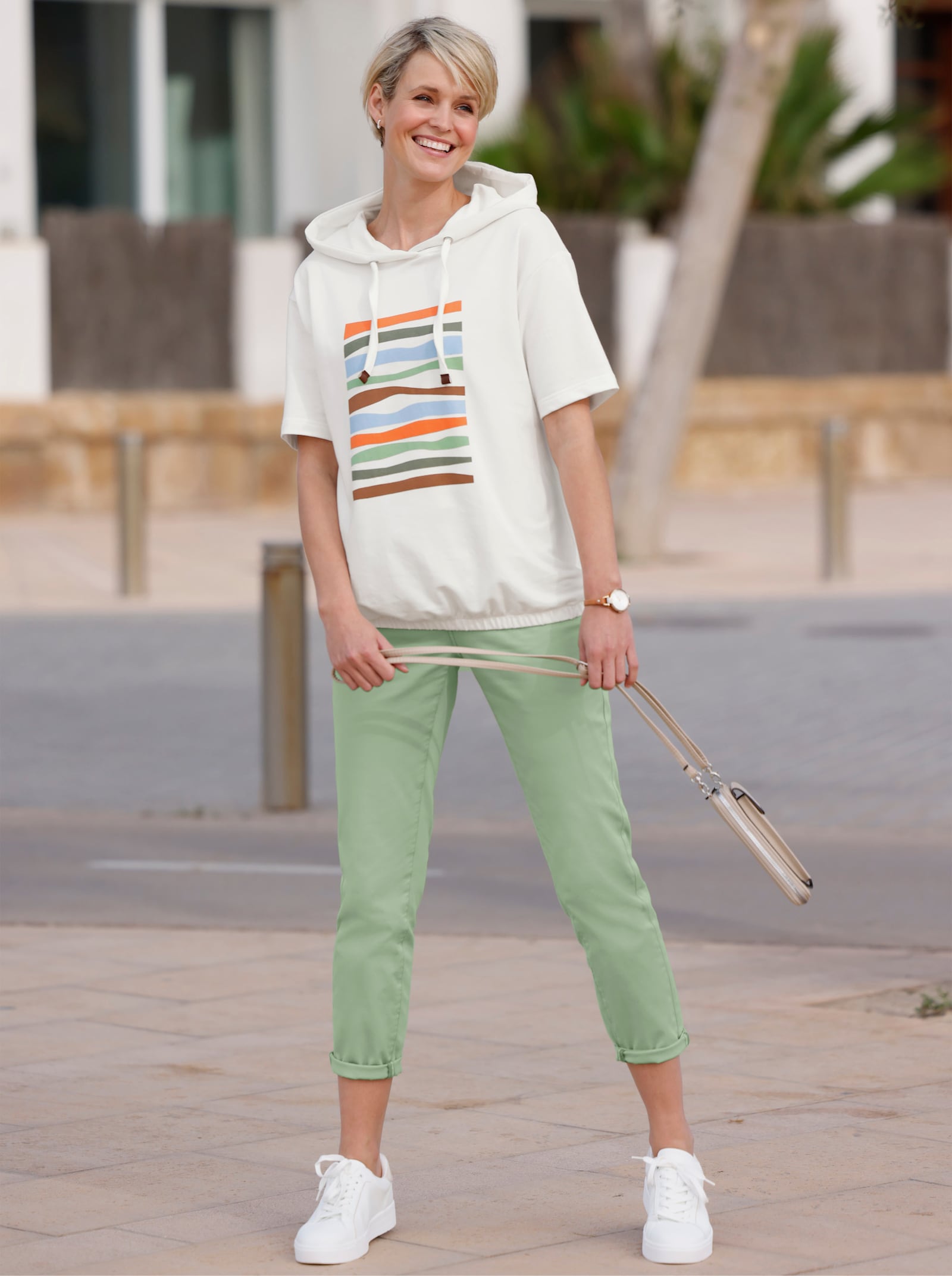 Sweatshirt met halflange mouwen - ecru-eucalyptus