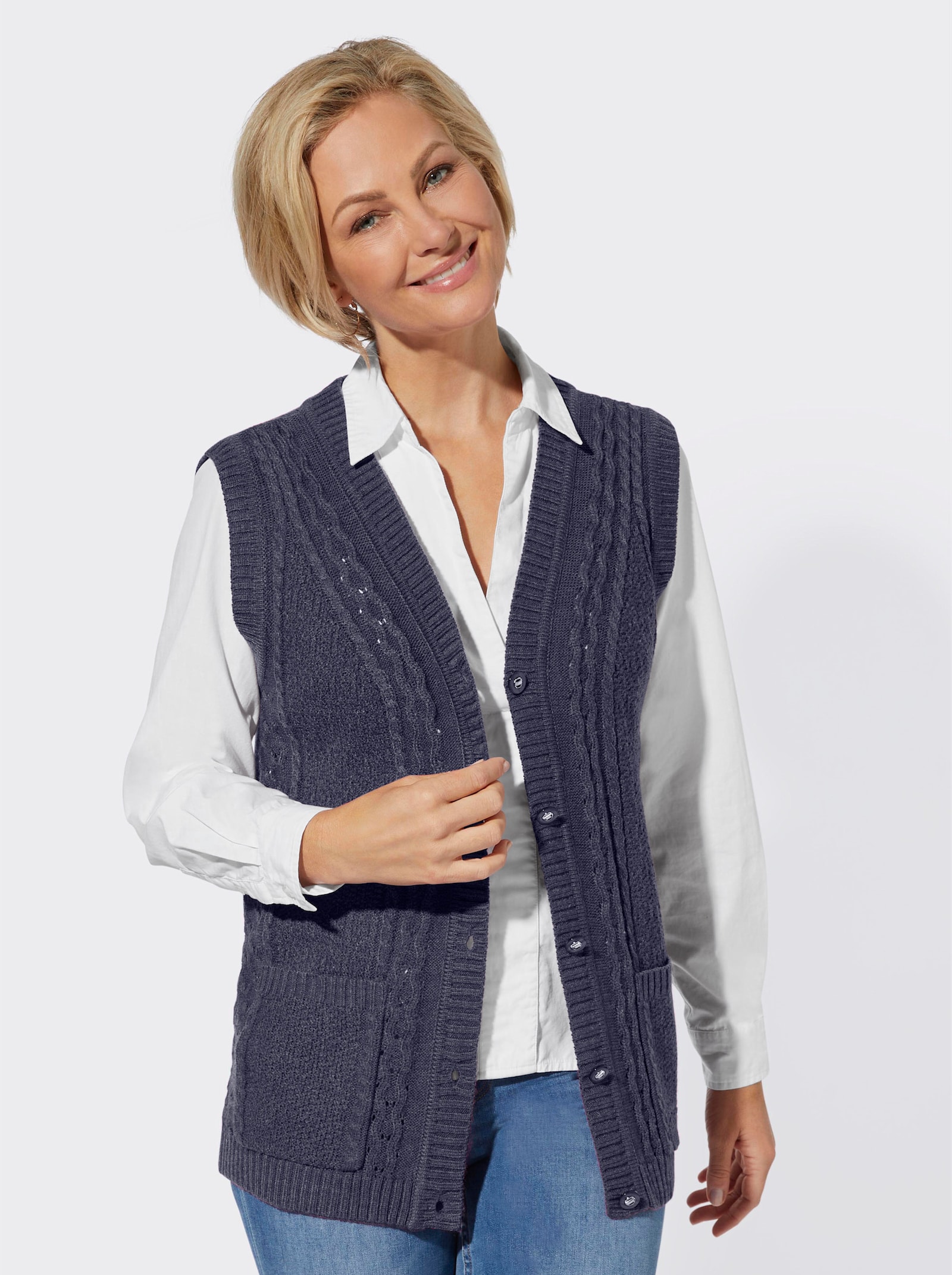 Strickweste mit Ripp-Abschlüssen - marine-meliert