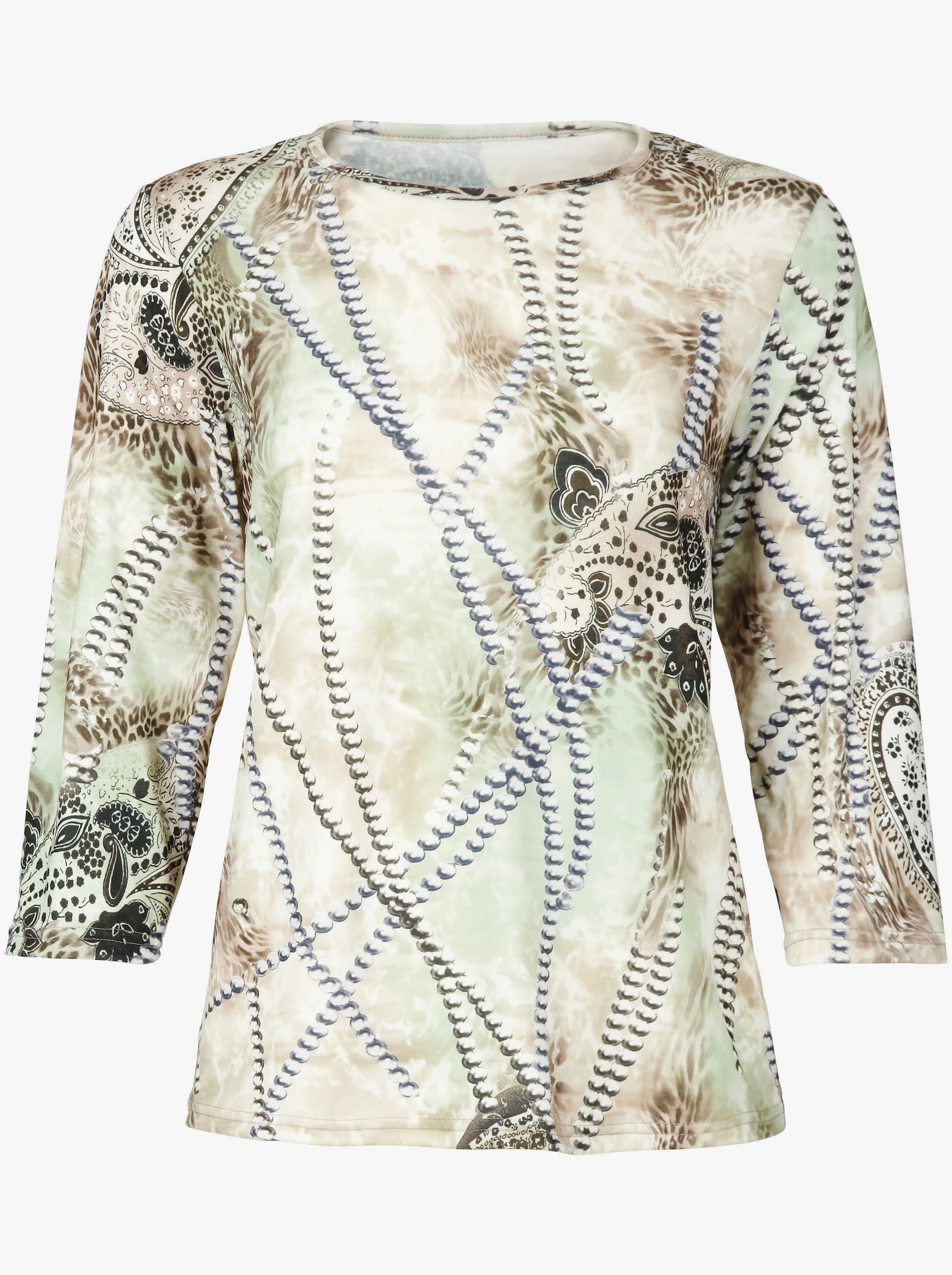 Shirt met 3/4-mouwen en ronde hals - mint + beige gedessineerd