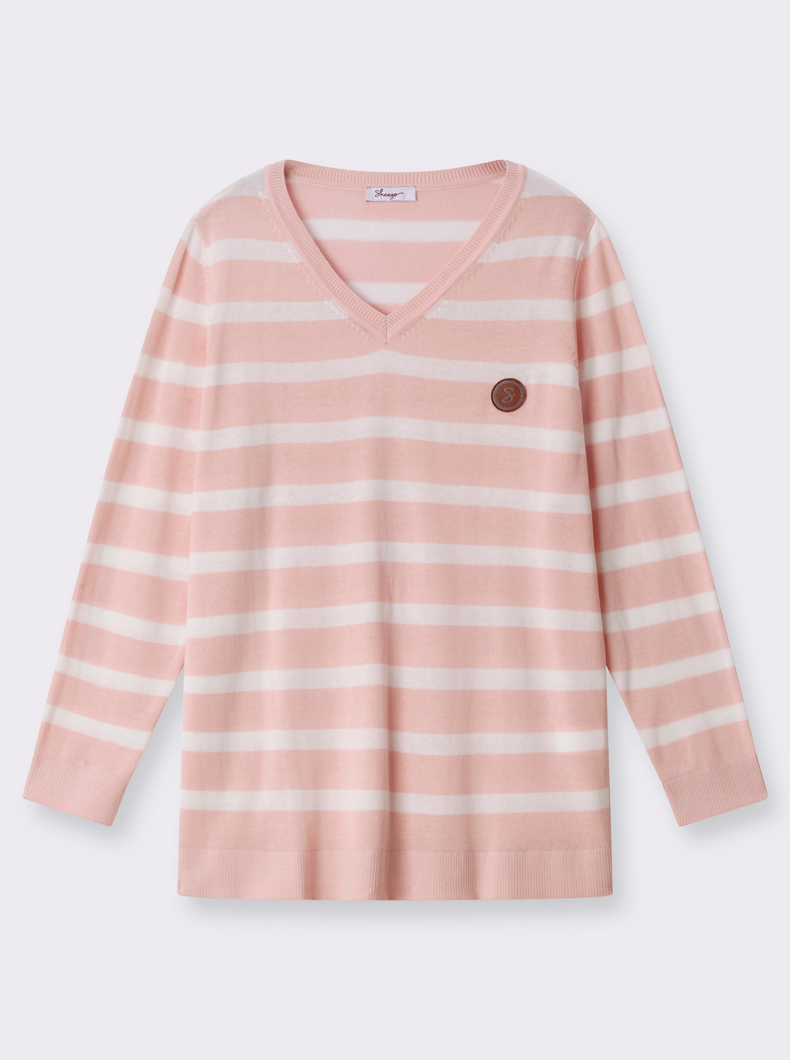 sheego Streifenpullover mit V-Ausschnitt - hellrosé-weiß-geringelt