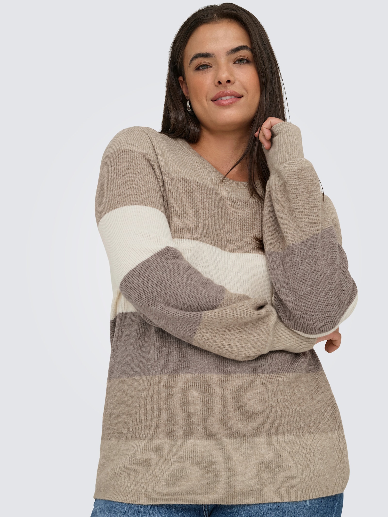 ONLY CARMAKOMA Strickpullover - feather gray stripes:beige/whitecap gray/leafless tree