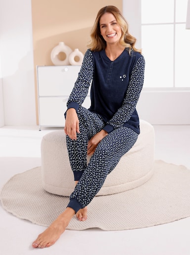 wäschepur Schlafanzug aus Feinfrottee - marine-weiß-bedruckt