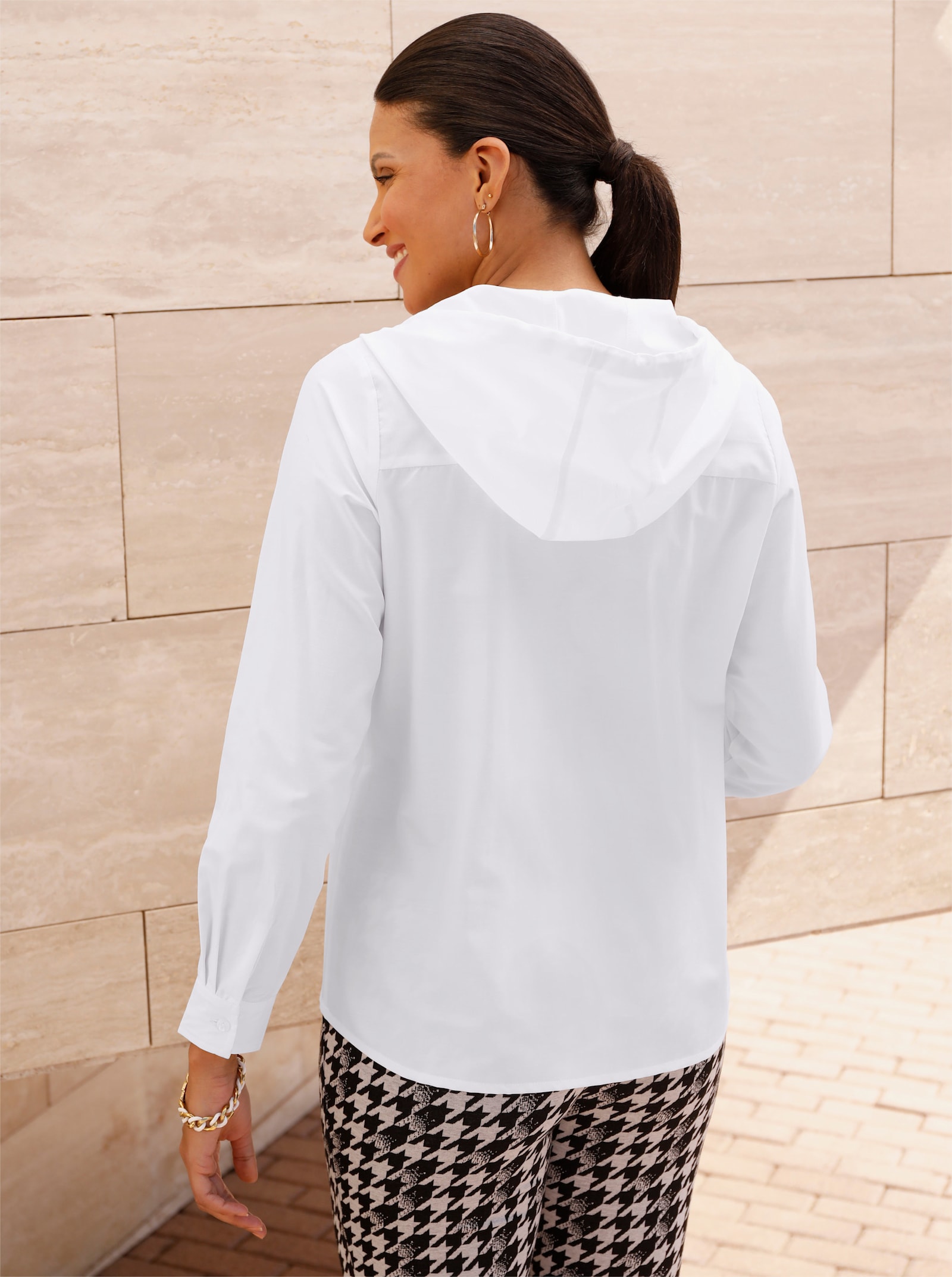 Langarmbluse mit Kapuze - ecru