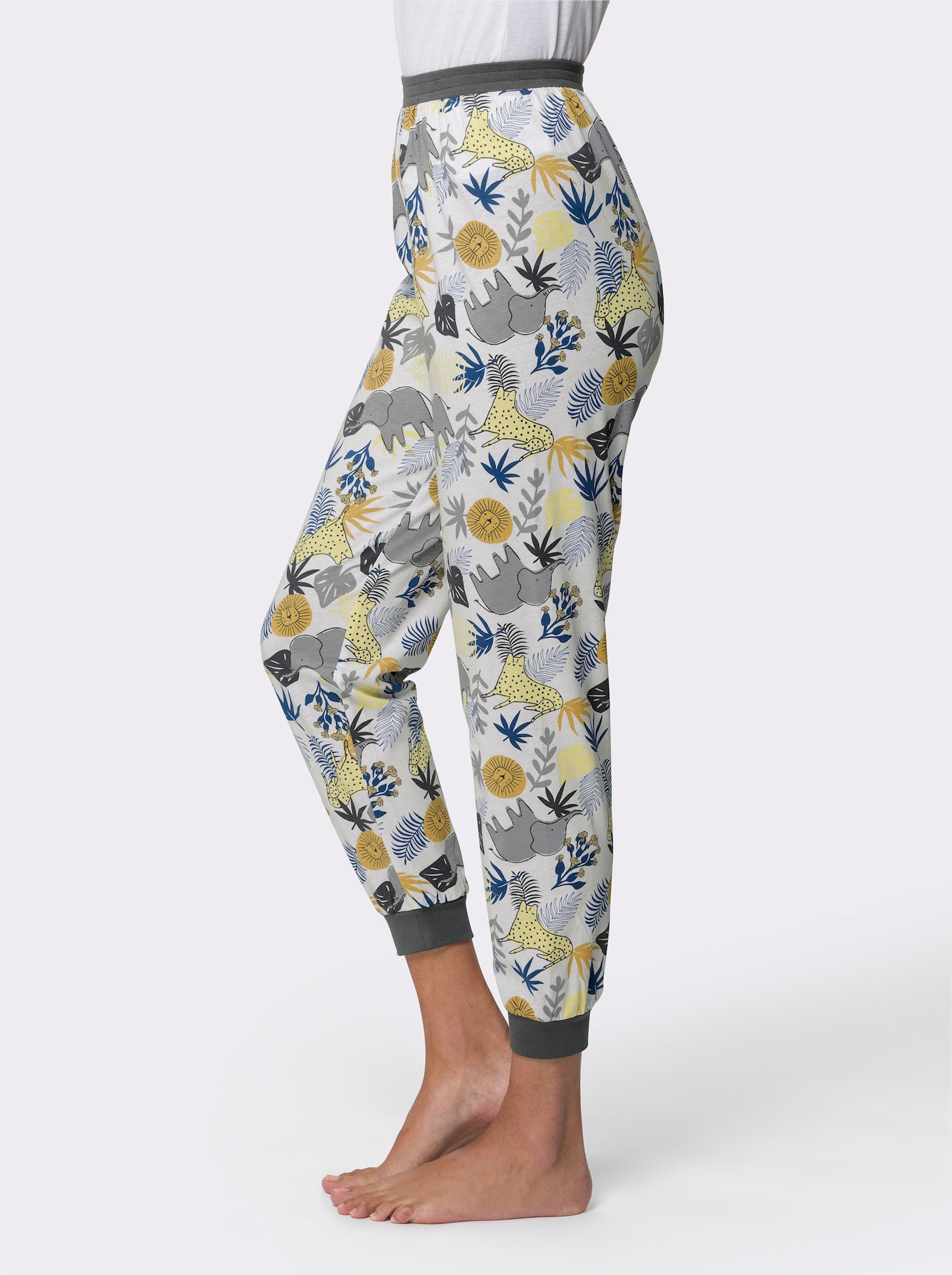 Schlafanzughose mit elastischen Kontrast-Bündchen - ecru-zitrone-bedruckt