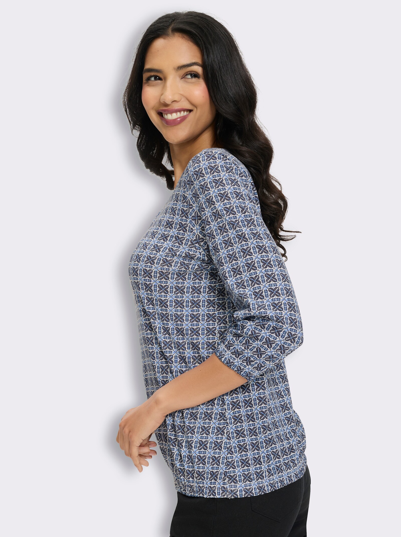 3/4-Arm-Shirt im Minimal-Druck - himmelblau-ecru-bedruckt