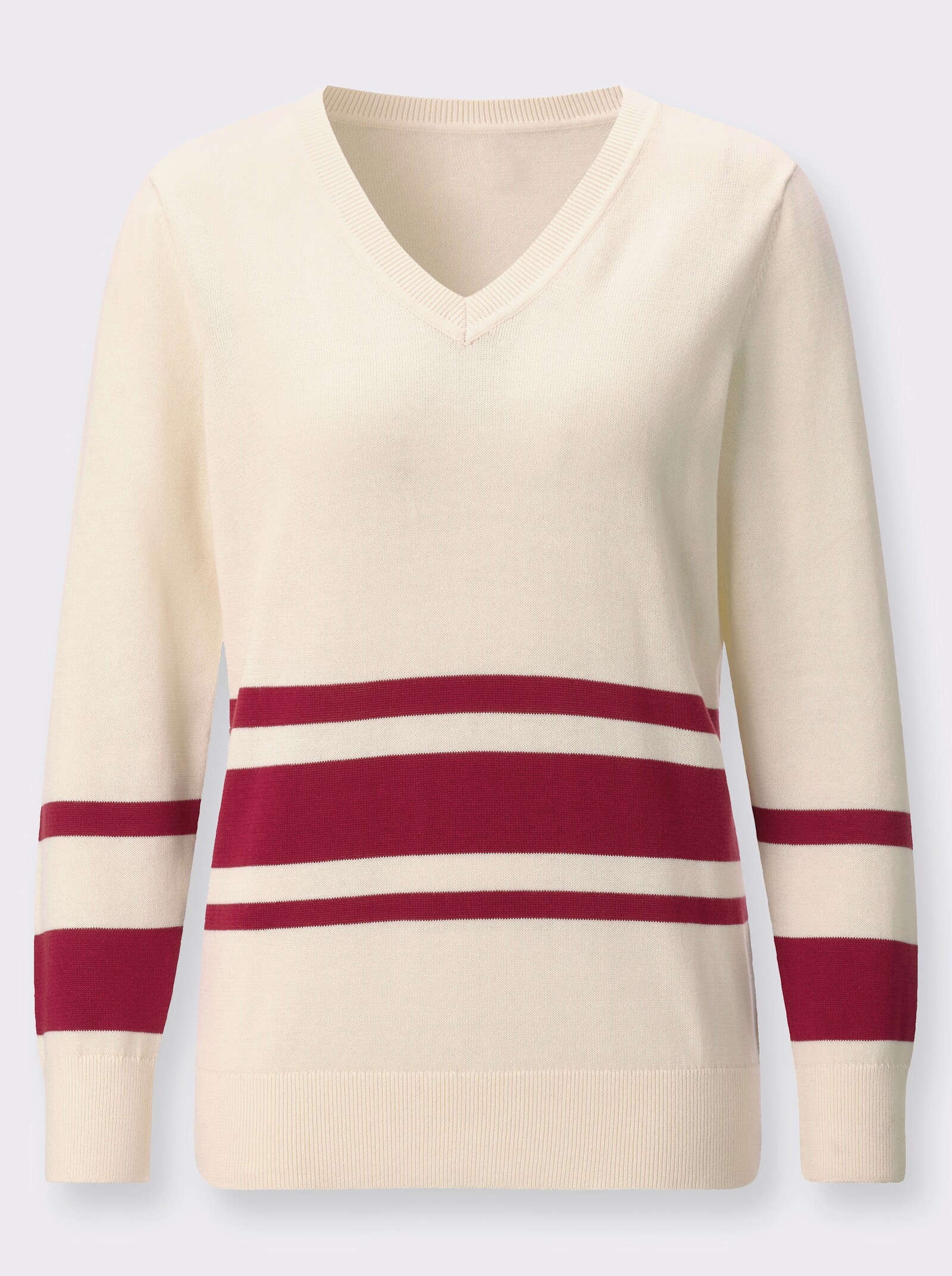 V-Ausschnitt-Pullover mit Kontraststreifen - champagner-kirsche