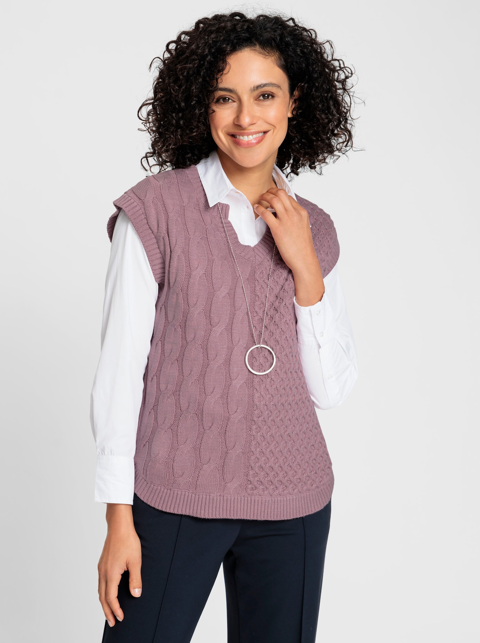 Pullunder mit Rauten- und Zopfmuster - mauve