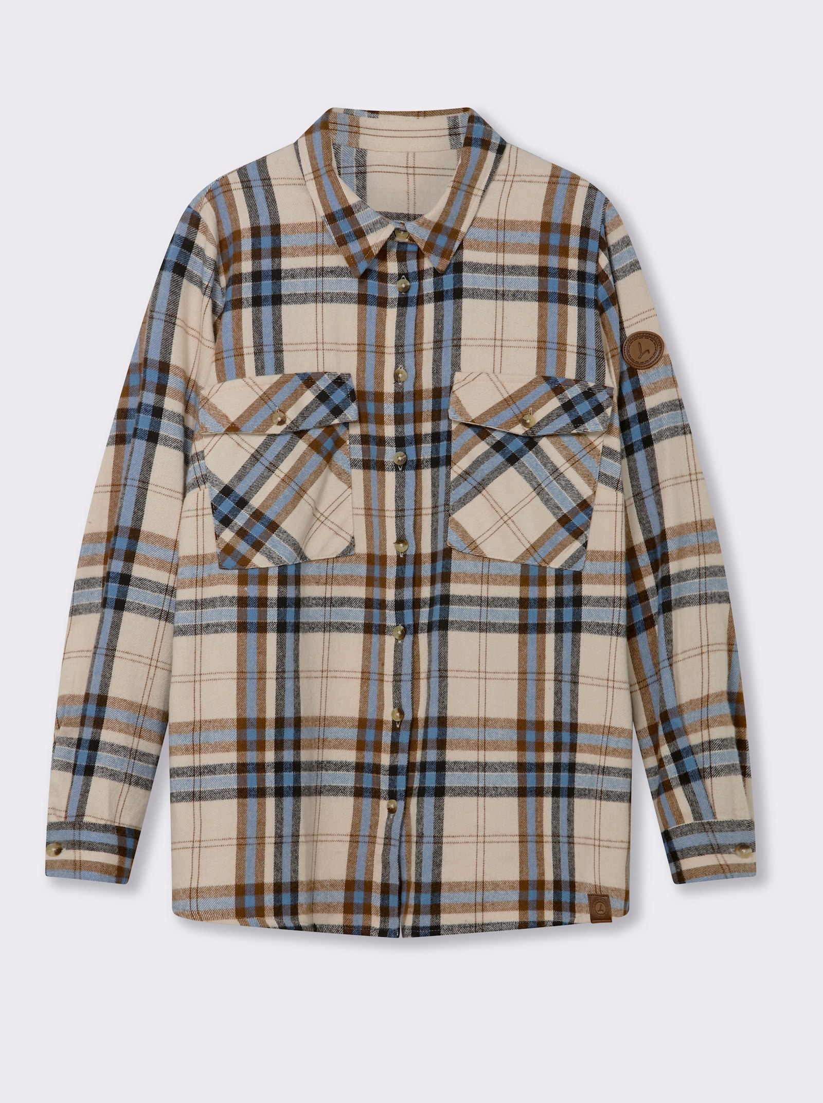 Flanellbluse mit mehrfarbigem Webkaro - mittelblau-elfenbein-kariert