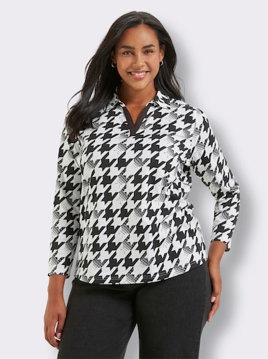 Langarmshirt mit Hahnentritt-Muster - schwarz-ecru-bedruckt