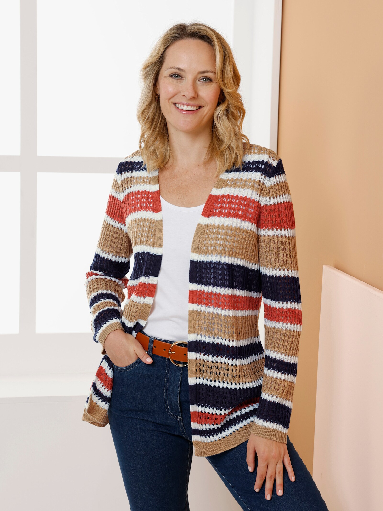 Longstrickjacke mit Ajour-Muster und Streifen - camel-ecru-gemustert