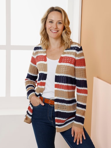 Longstrickjacke mit Ajour-Muster und Streifen - camel-ecru-gemustert