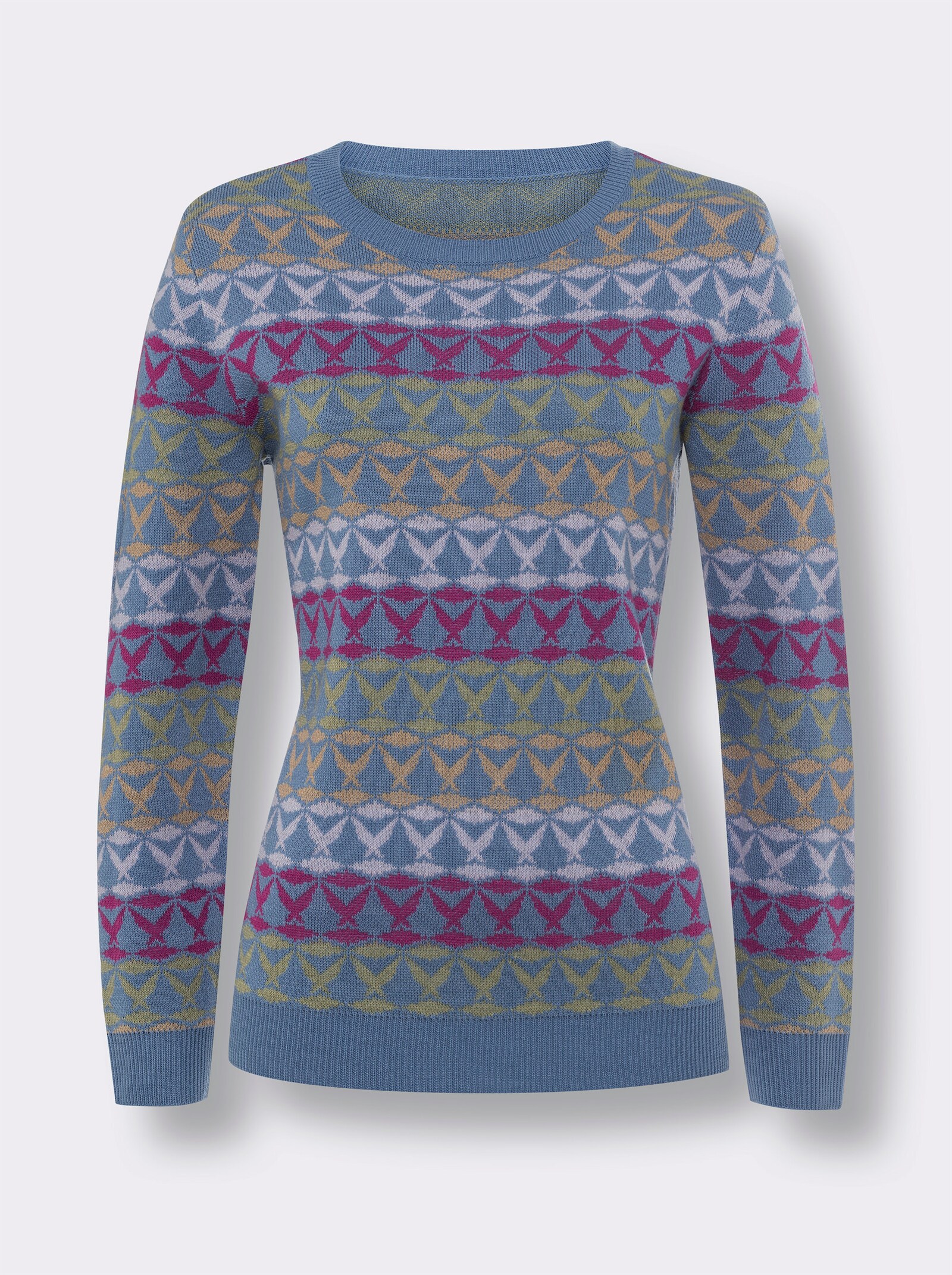 Svetr s kulatým výstřihem s ozdobnými knoflíky - levandulová-džínová-proužek