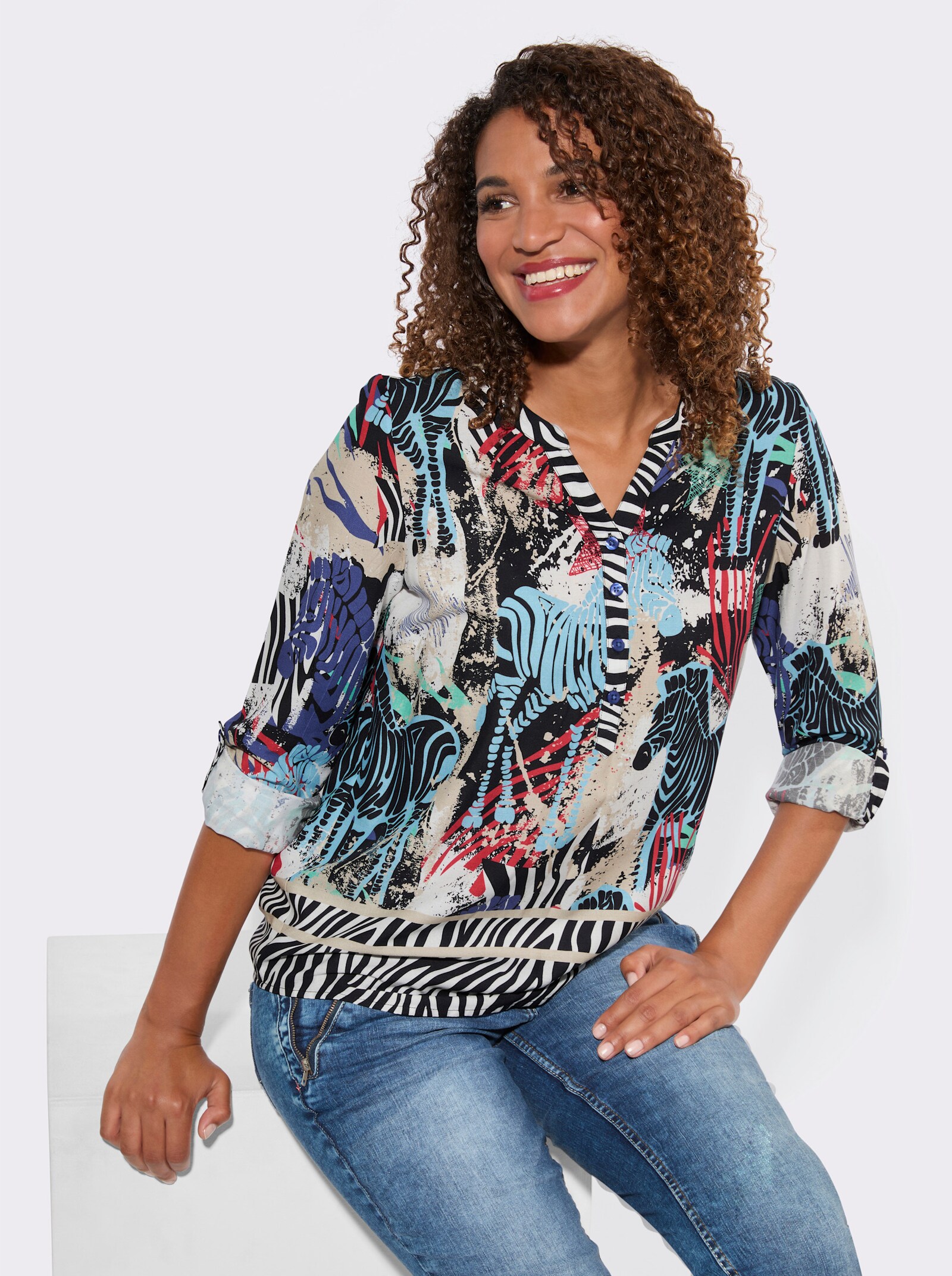 Druckbluse mit Zebra-Druck - schwarz-sand-gemustert