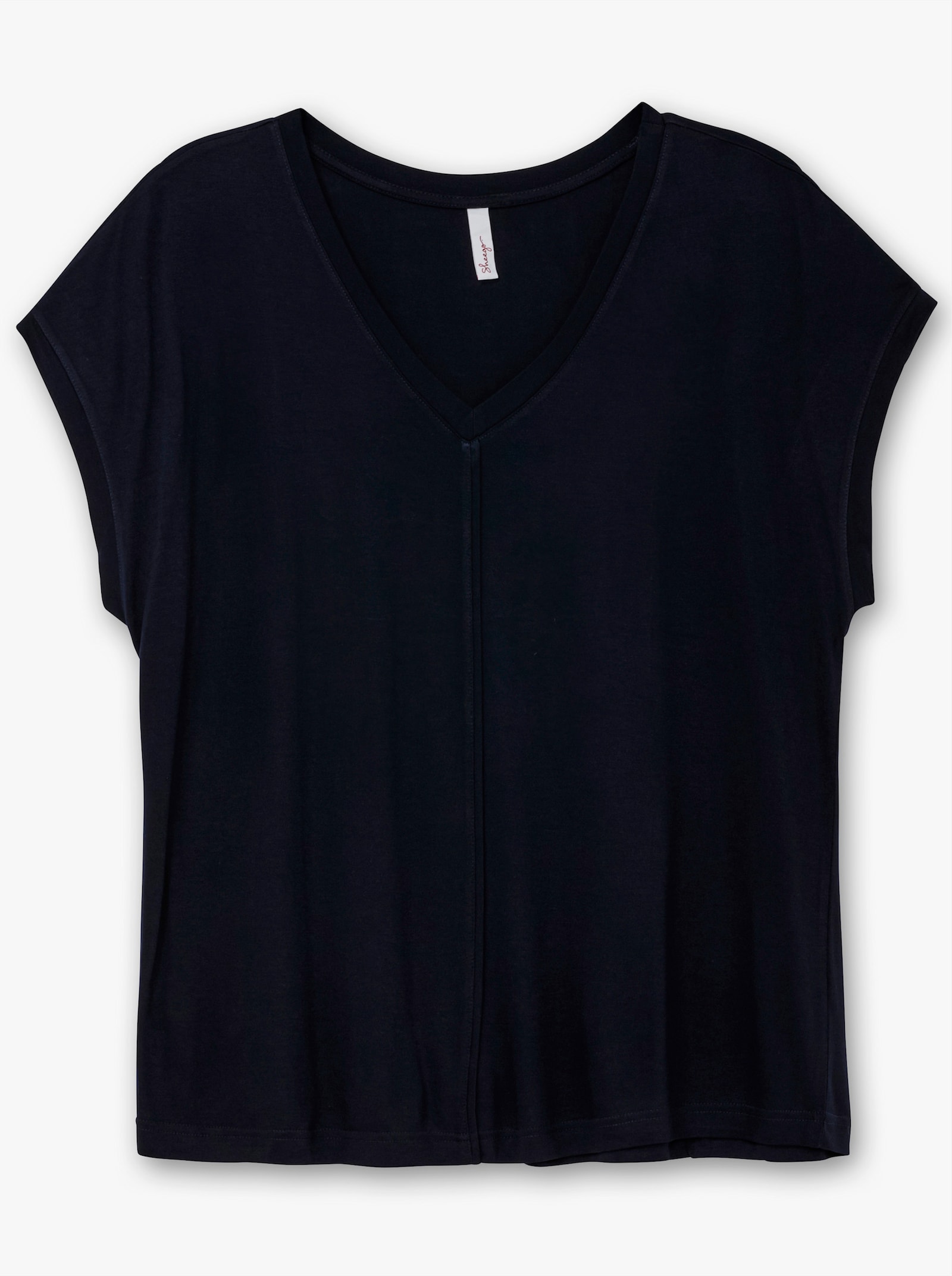sheego T-Shirt mit V-Ausschnitt und Zierpaspel vorne - tiefblau