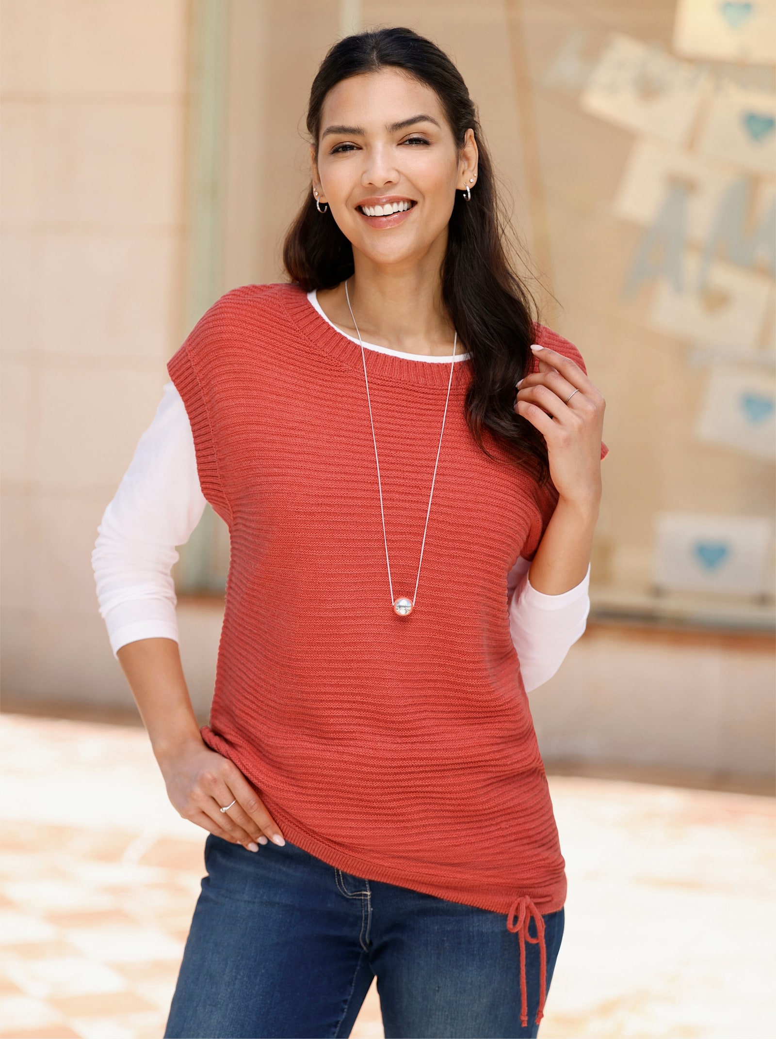 Svetr bez rukávů s žebrovaným vzorem - terra