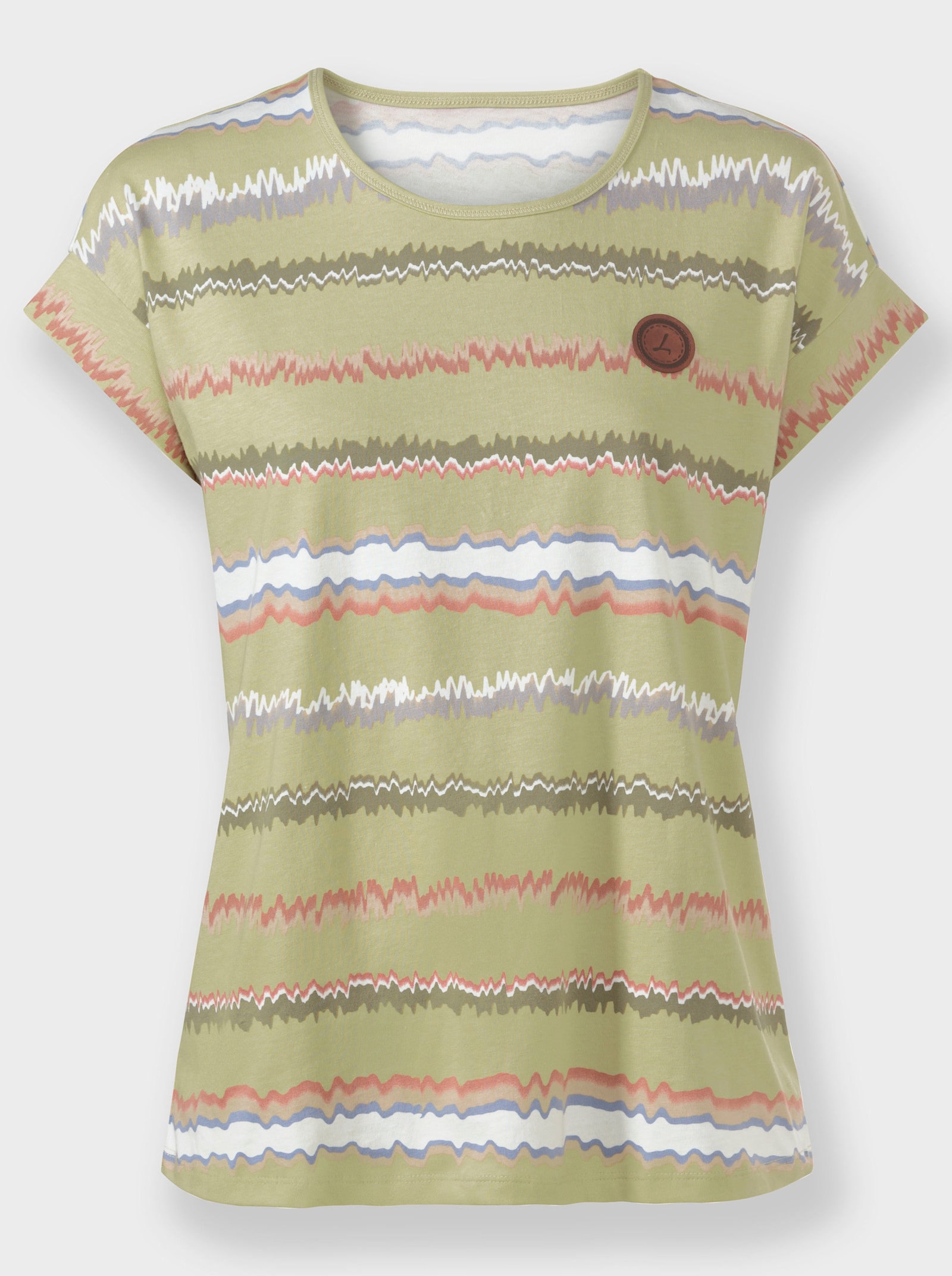 Print-Shirt mit Ziernähten, geringelt - lindgrün-ecru-bedruckt