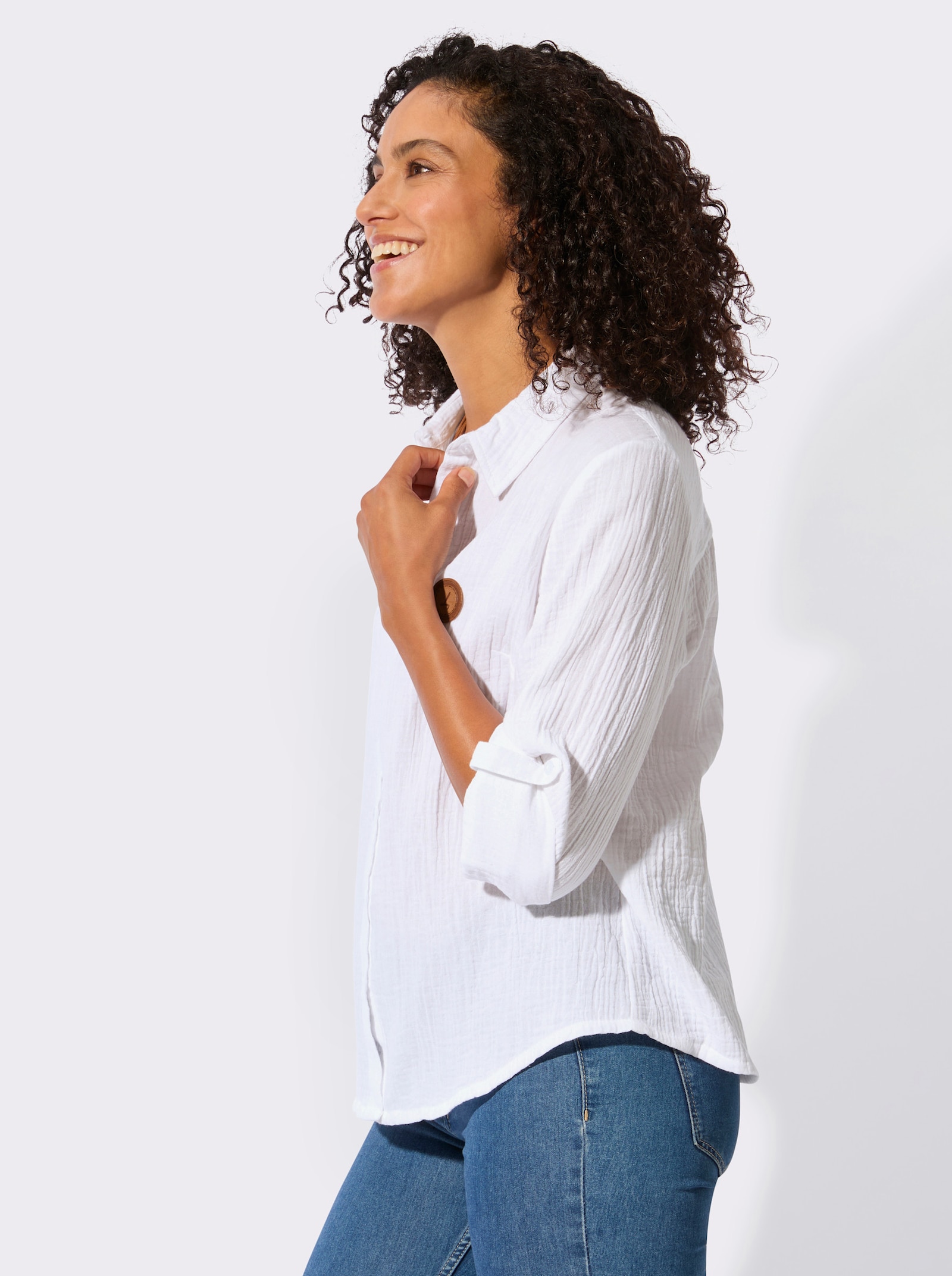 Baumwollbluse mit krempelbaren Ärmeln - weiß