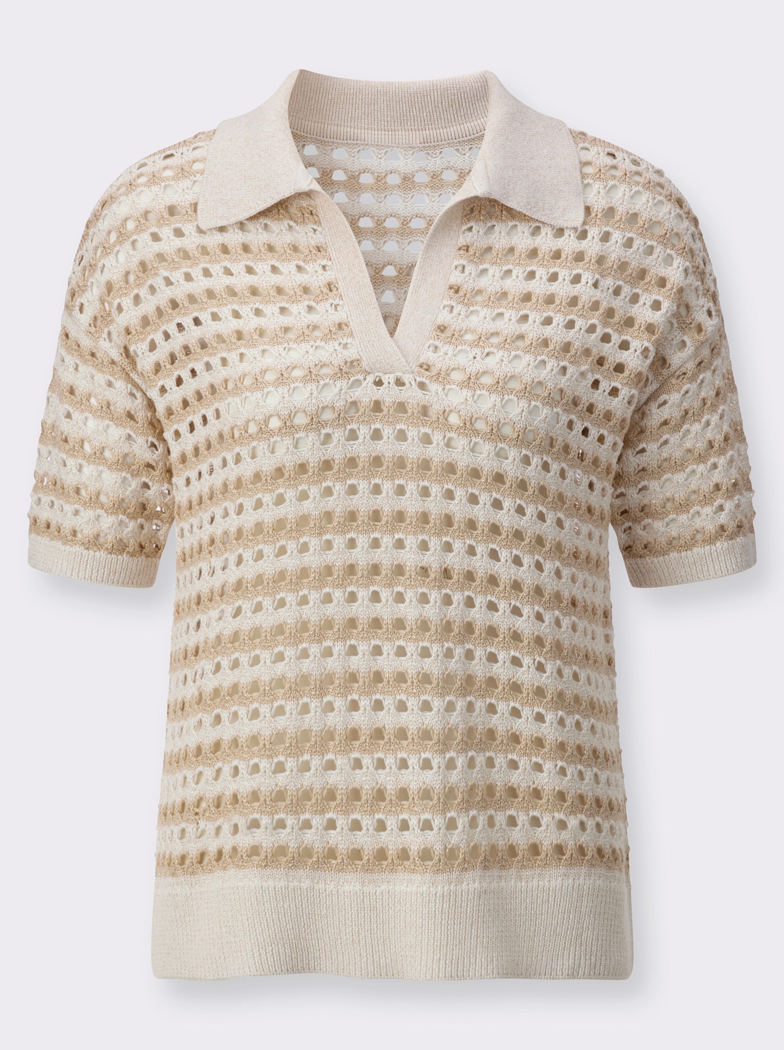 Polopullover in mix van viscose, polyester en lyocell - ecru/zand gedessineerd