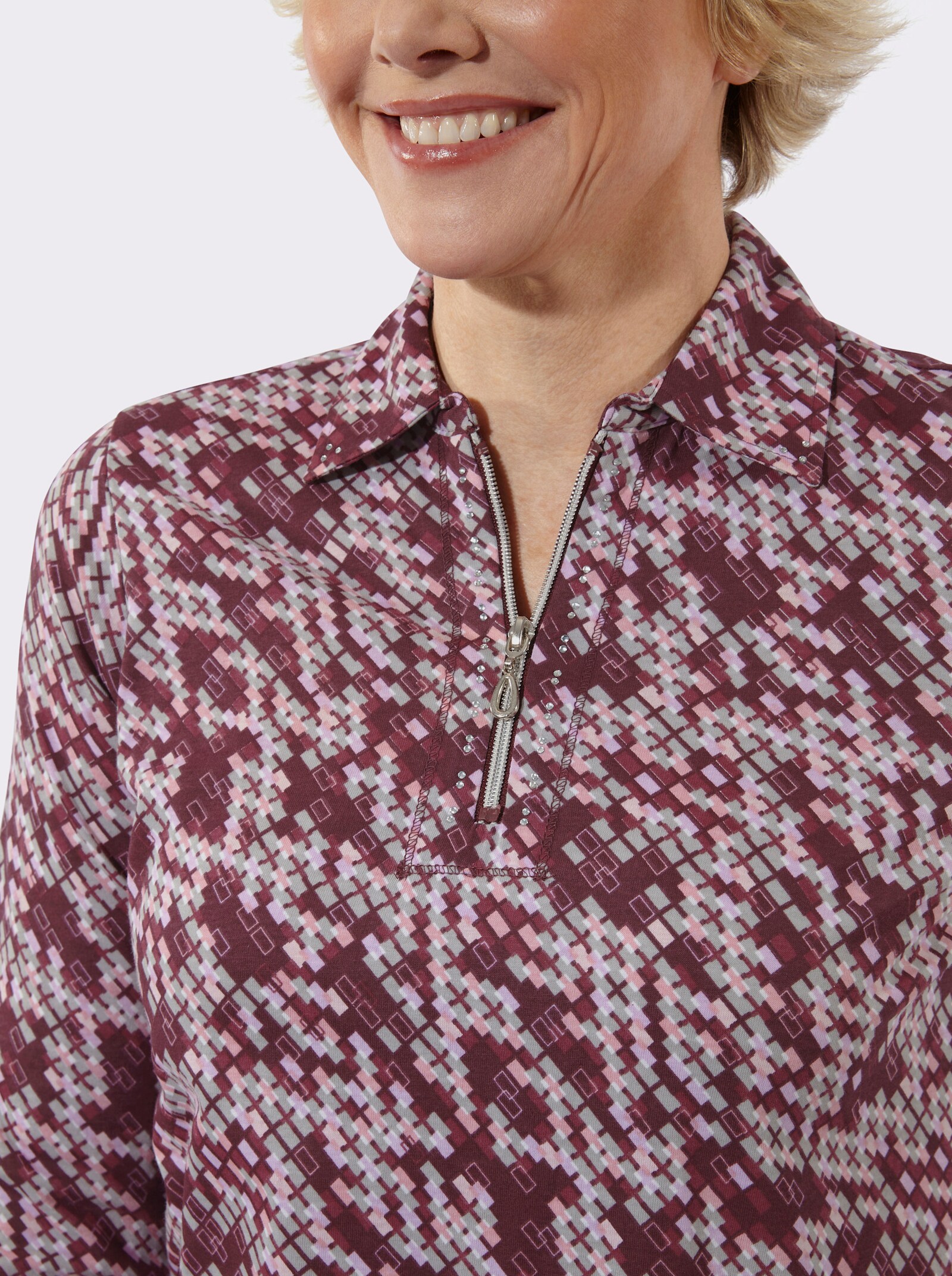 Poloshirt mit Glitzersteinchen - orchidee-ecru-bedruckt