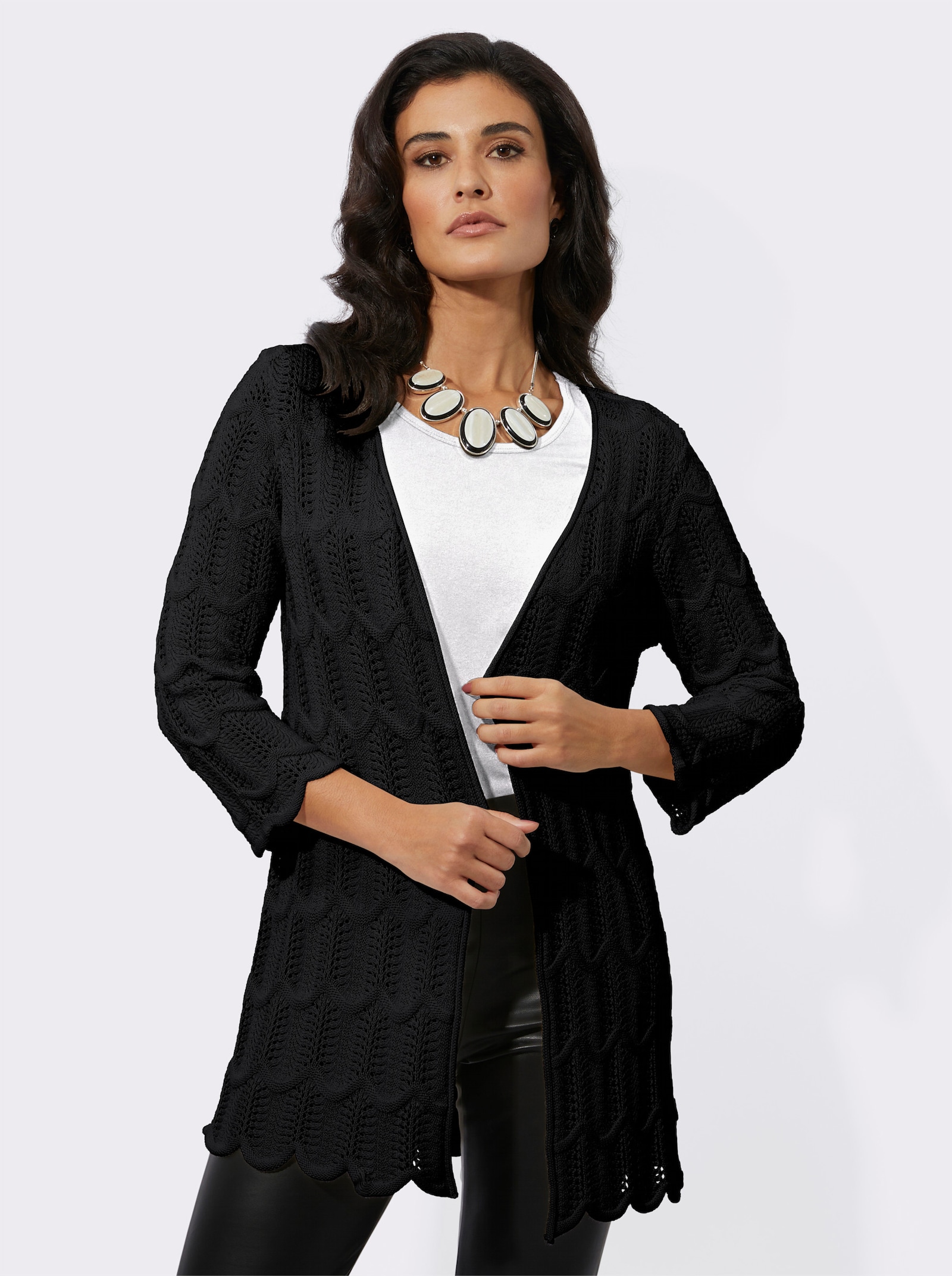 Longstrickjacke im Ajour-Strick-Mix - schwarz