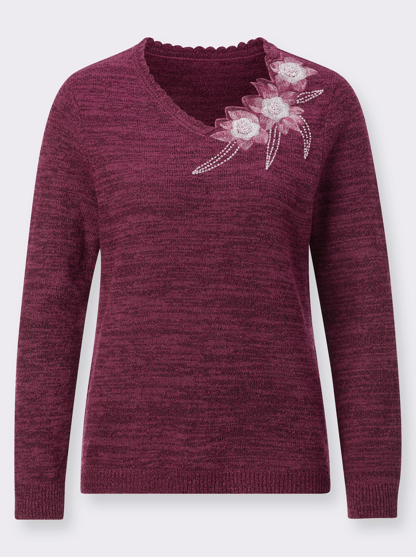 Pullover met lange mouwen en met bloemenapplicatie bij de hals - heide/zwart gemêleerd