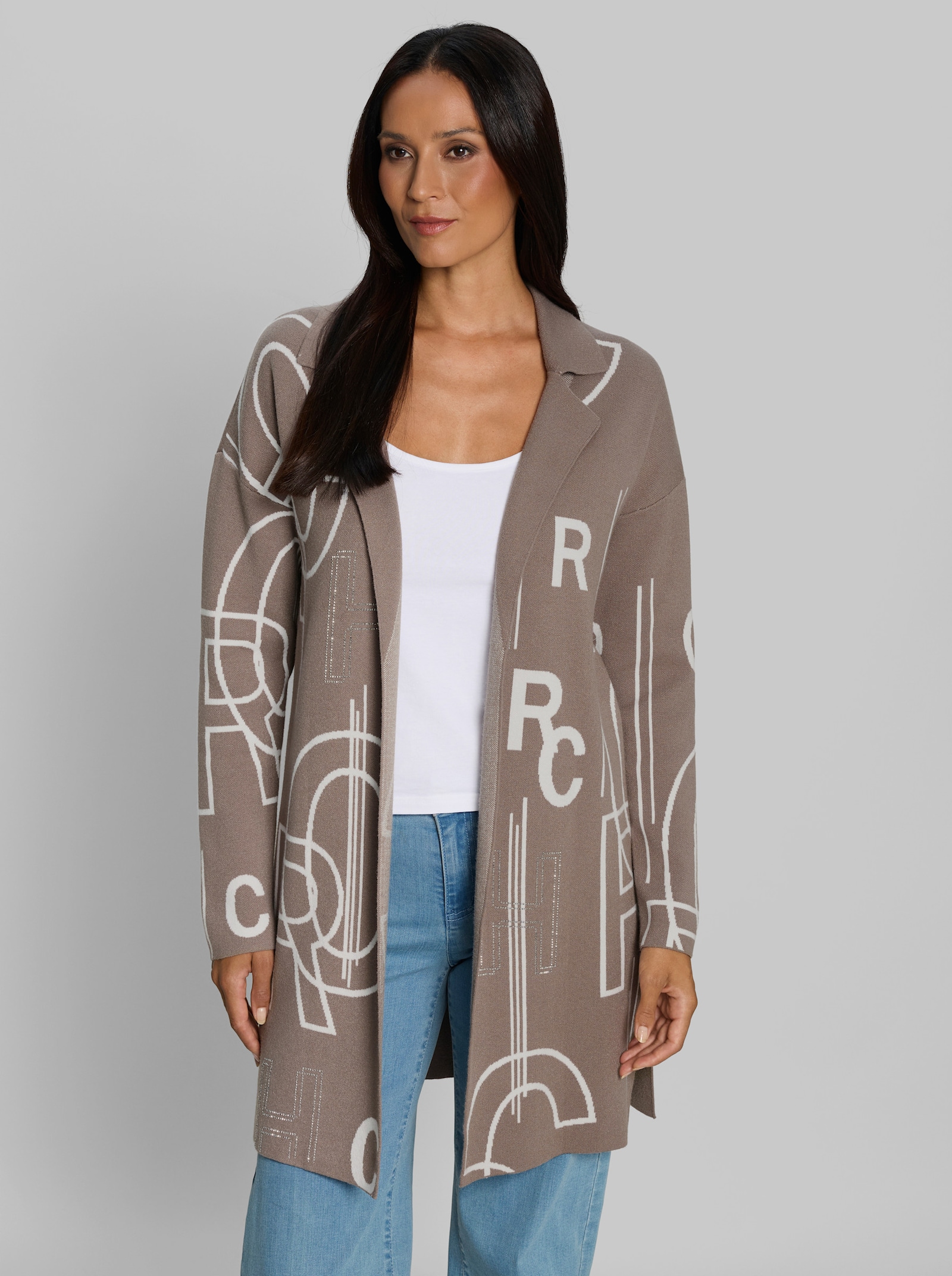 heine Strickmantel mit Lettering - taupe-ecru-gemustert