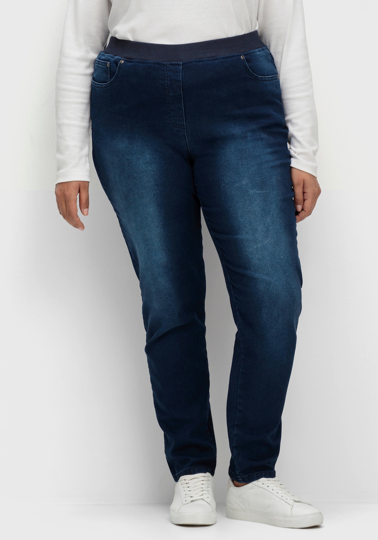 Schlupfjeans mit geripptem Strick-Dehnbund - dark blue