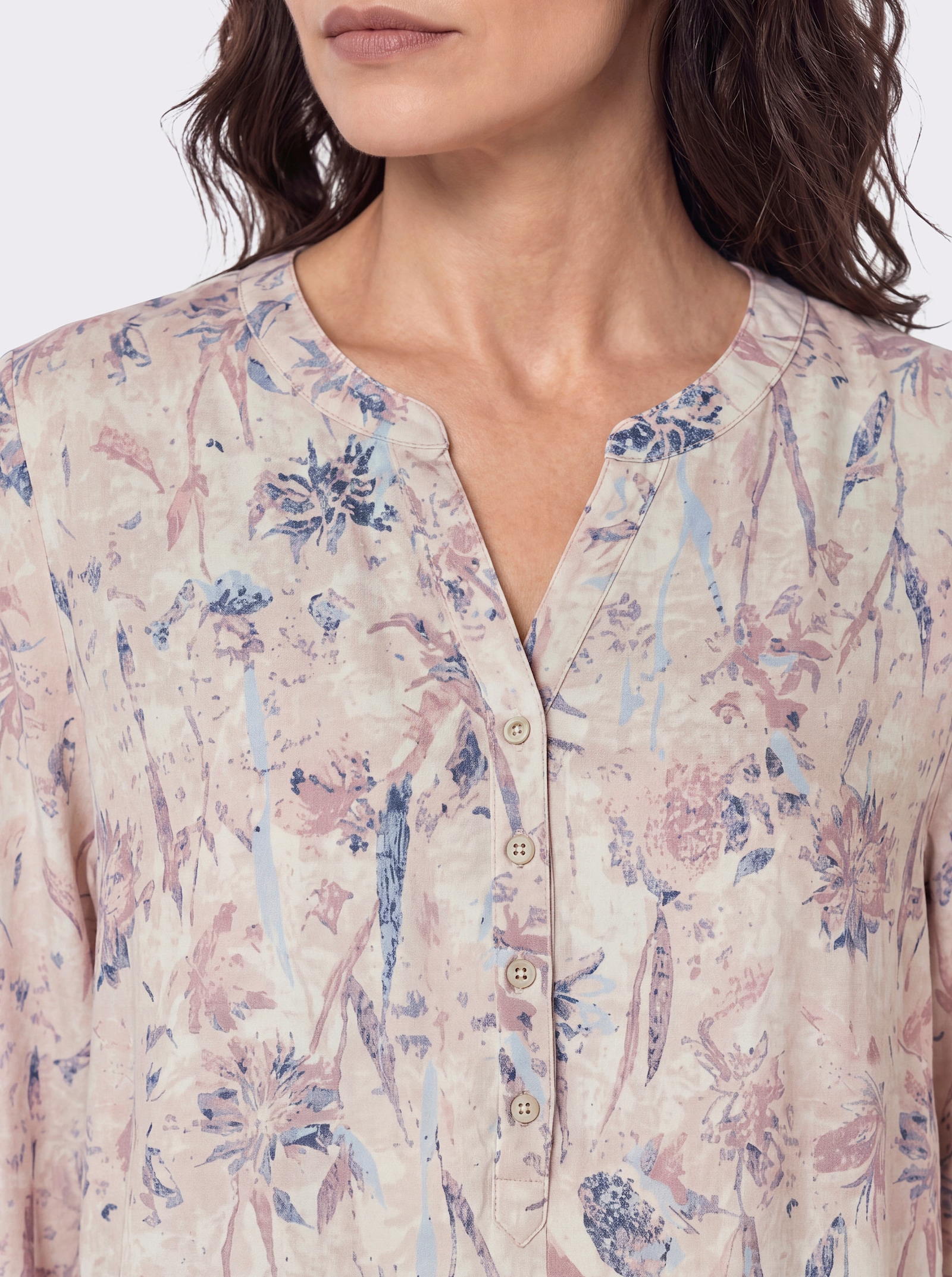 Druckbluse mit Gummizug am Abschluss - sand-bleu-bedruckt