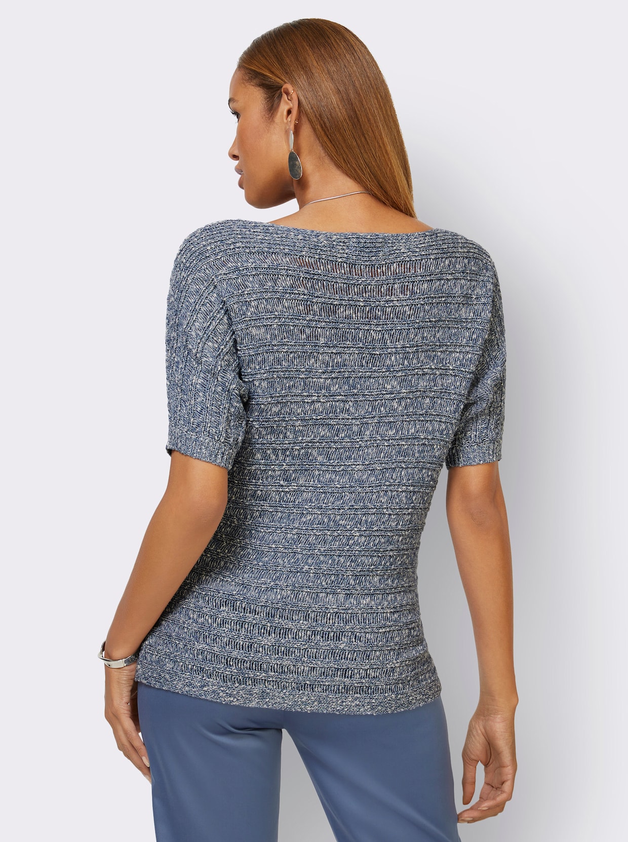 Kurzarmpullover - jeansblau-ecru-meliert