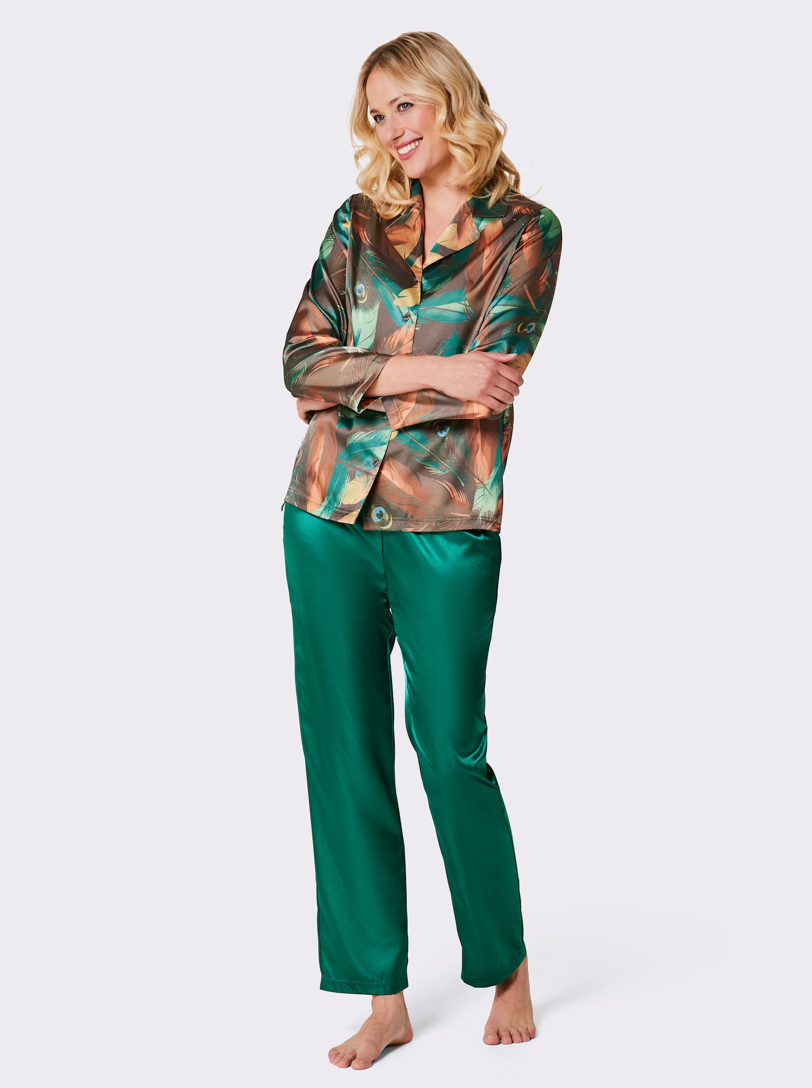 wäschepur Pyjama aus Satin - apfel-orange-bedruckt