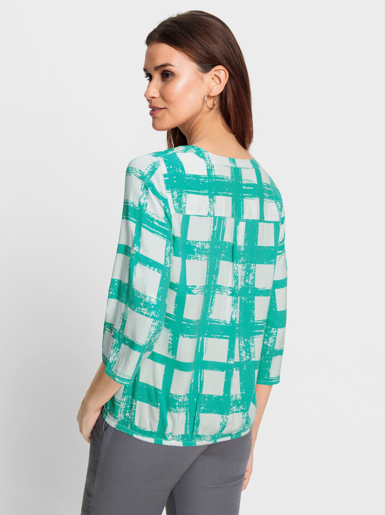 Schlupfbluse mit Krempelärmeln - blaugrün-weiss-bedruckt